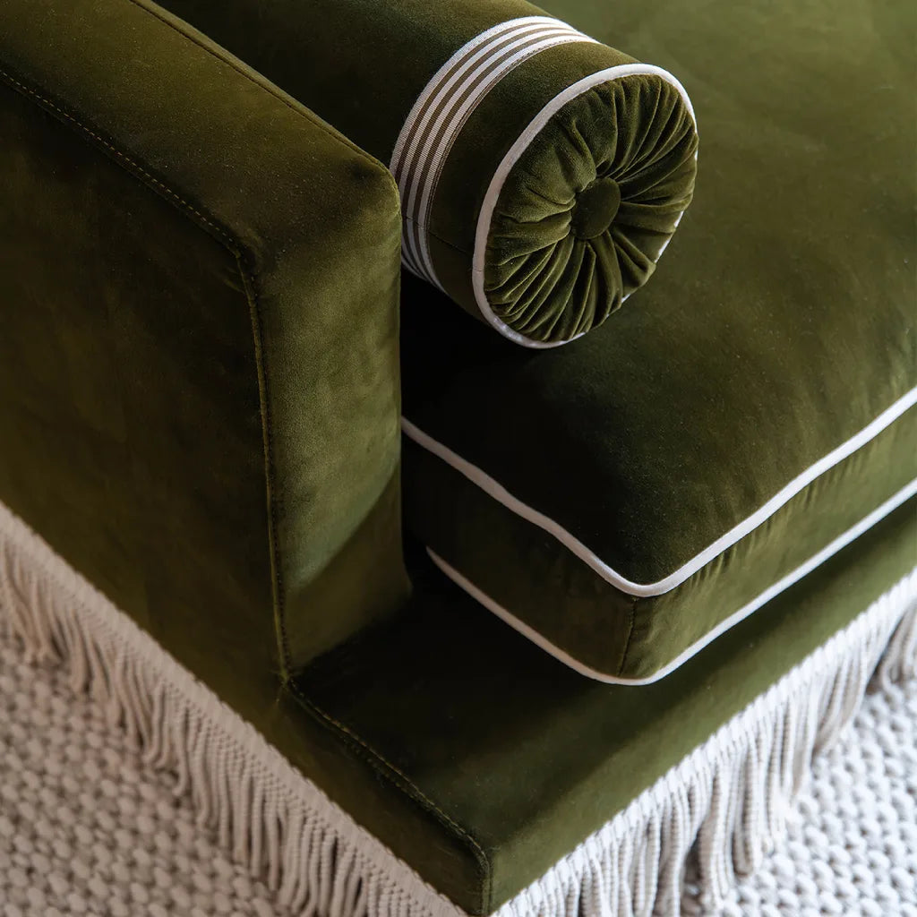 Orlando Sofa 230 cm - Safari Green Velvet with Fringes & Houlès trimmings — close-up
