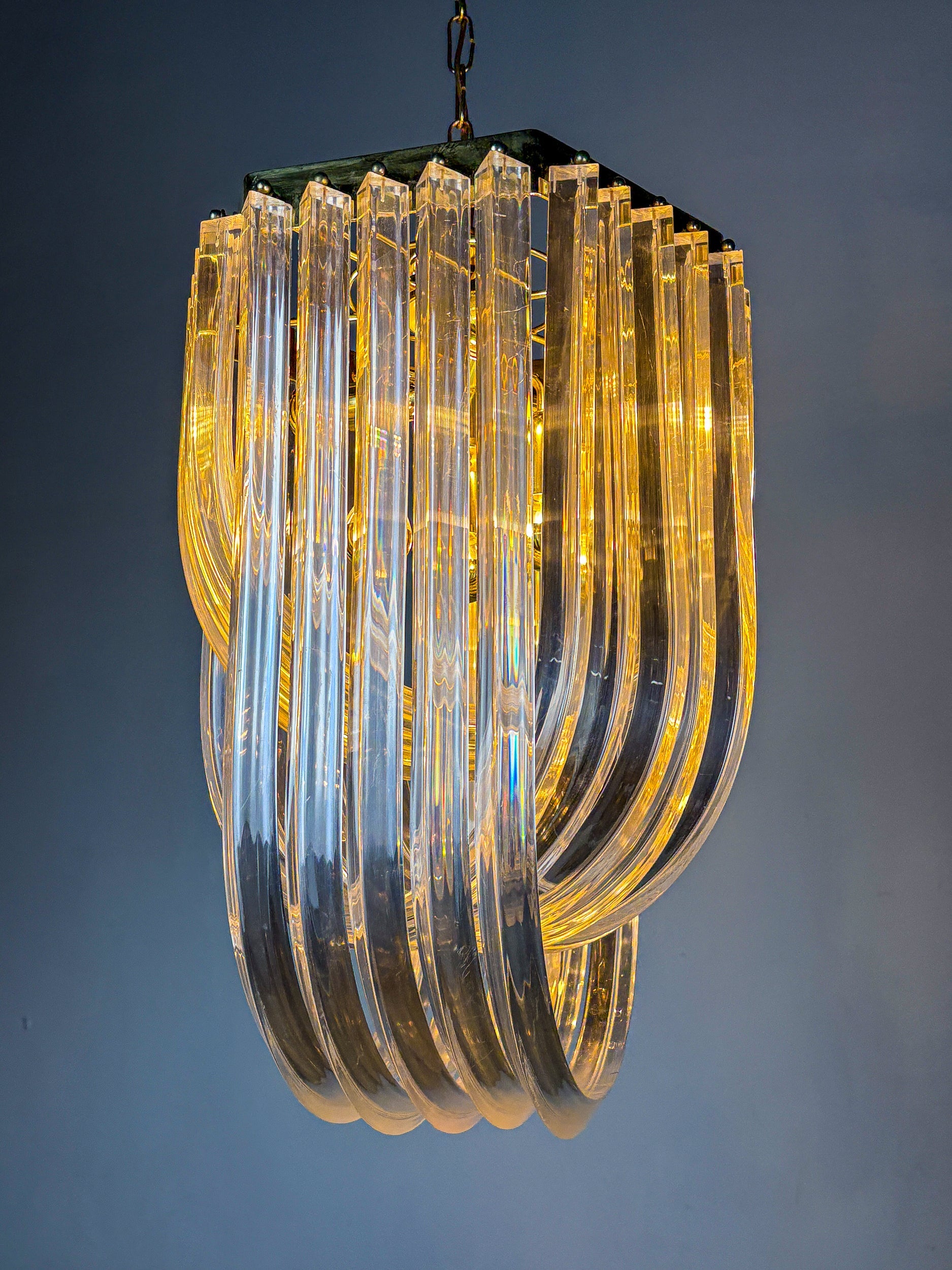 Long Mid-Century Curved Lucite Ribbon Chandelier in Brass, Italy — side angle