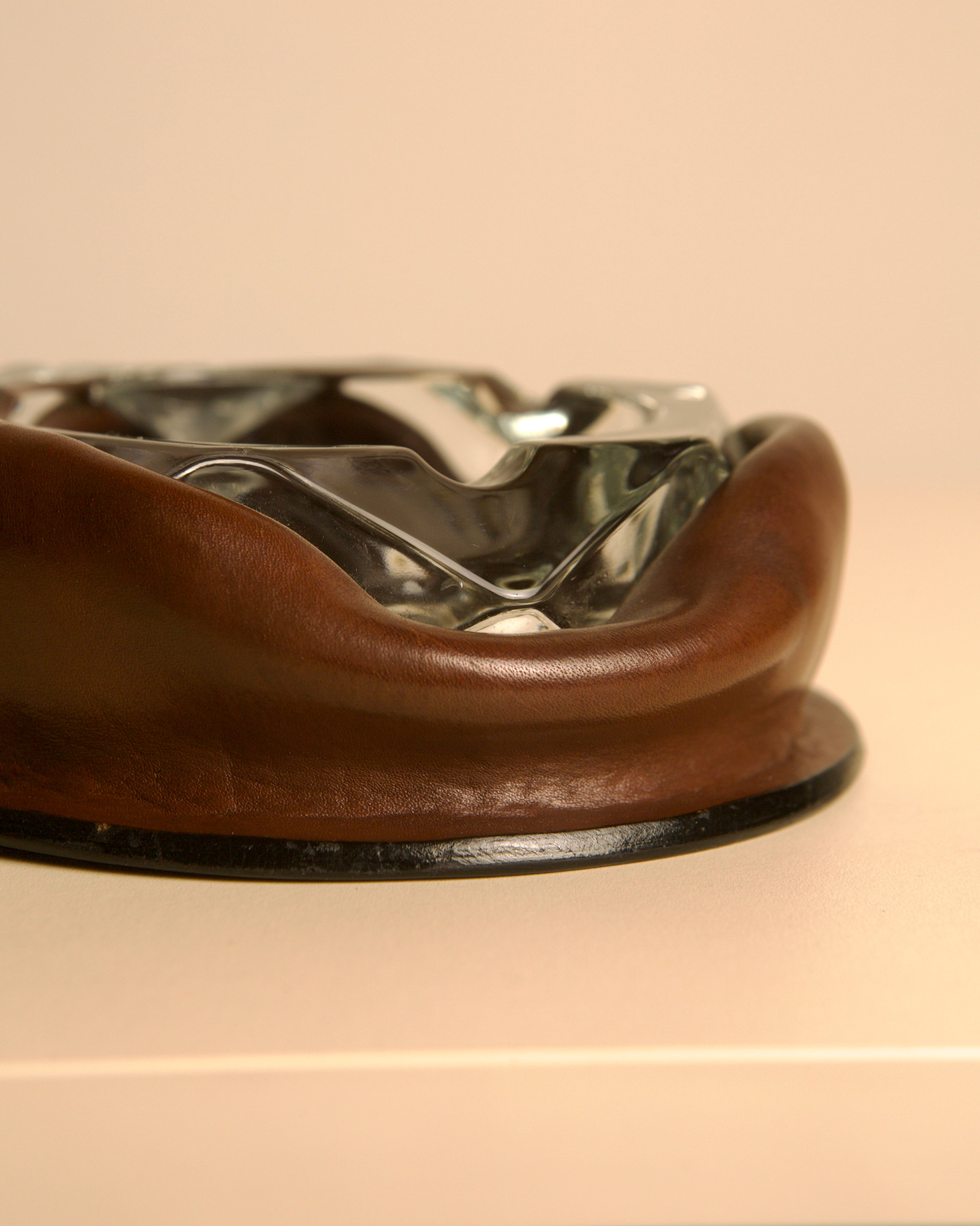 60s Italian brown leather glass ashtray — lifestyle setting