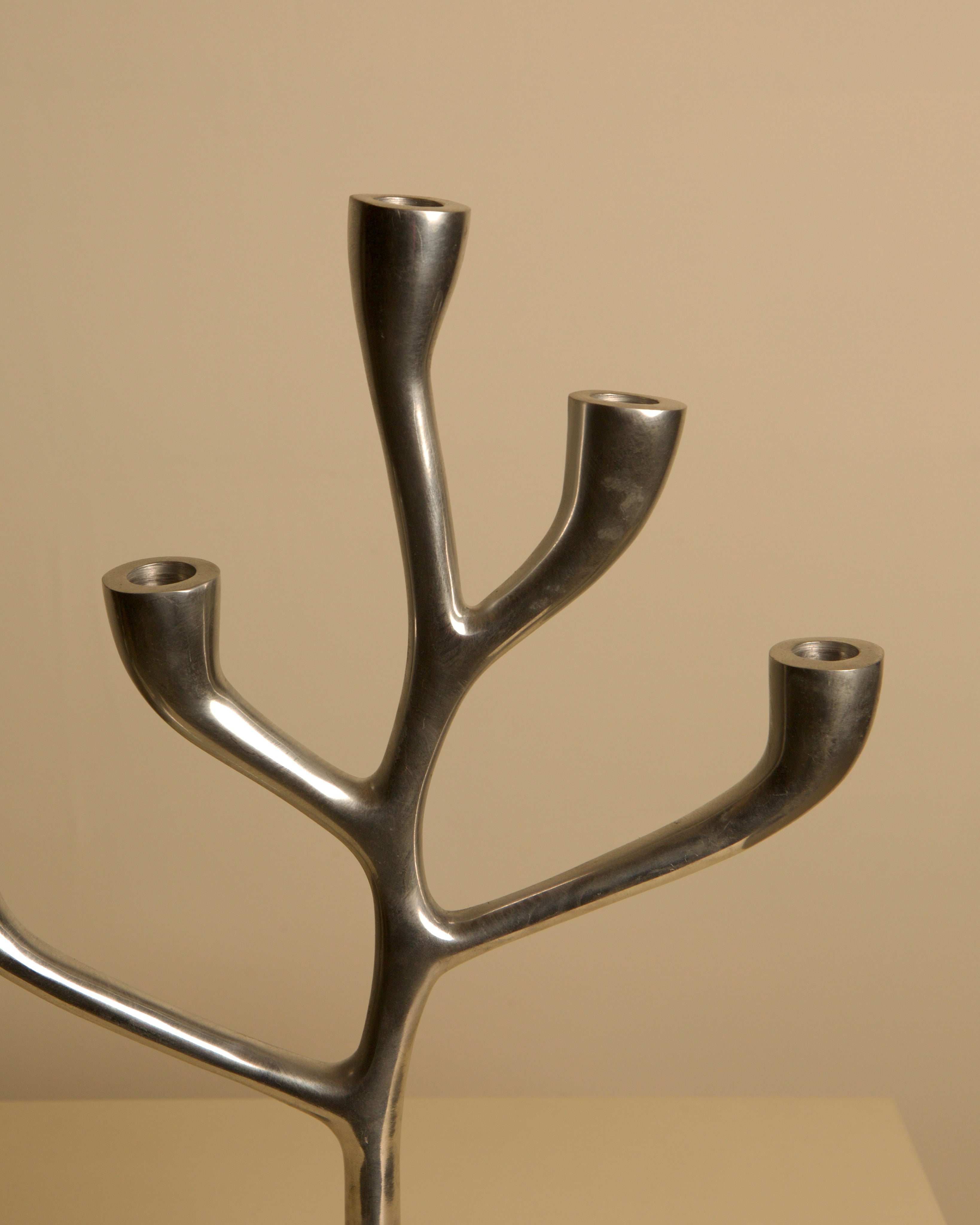 Large 80's Aluminum "Tree" Candleholder — side angle showing four candle holders