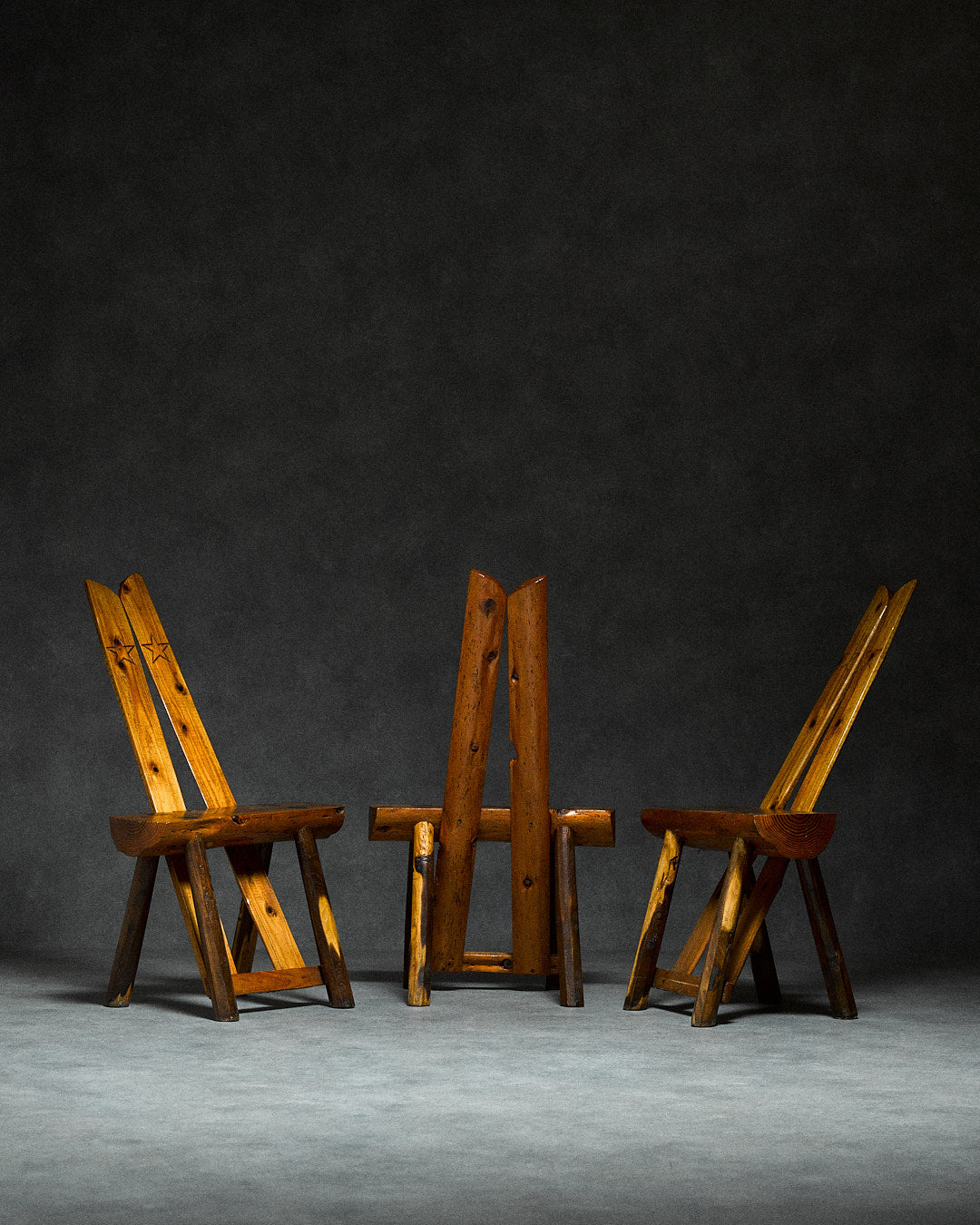 Set of 4 Folk-art Pine Chairs from the Italian Alps — back view highlighting rustic wooden design