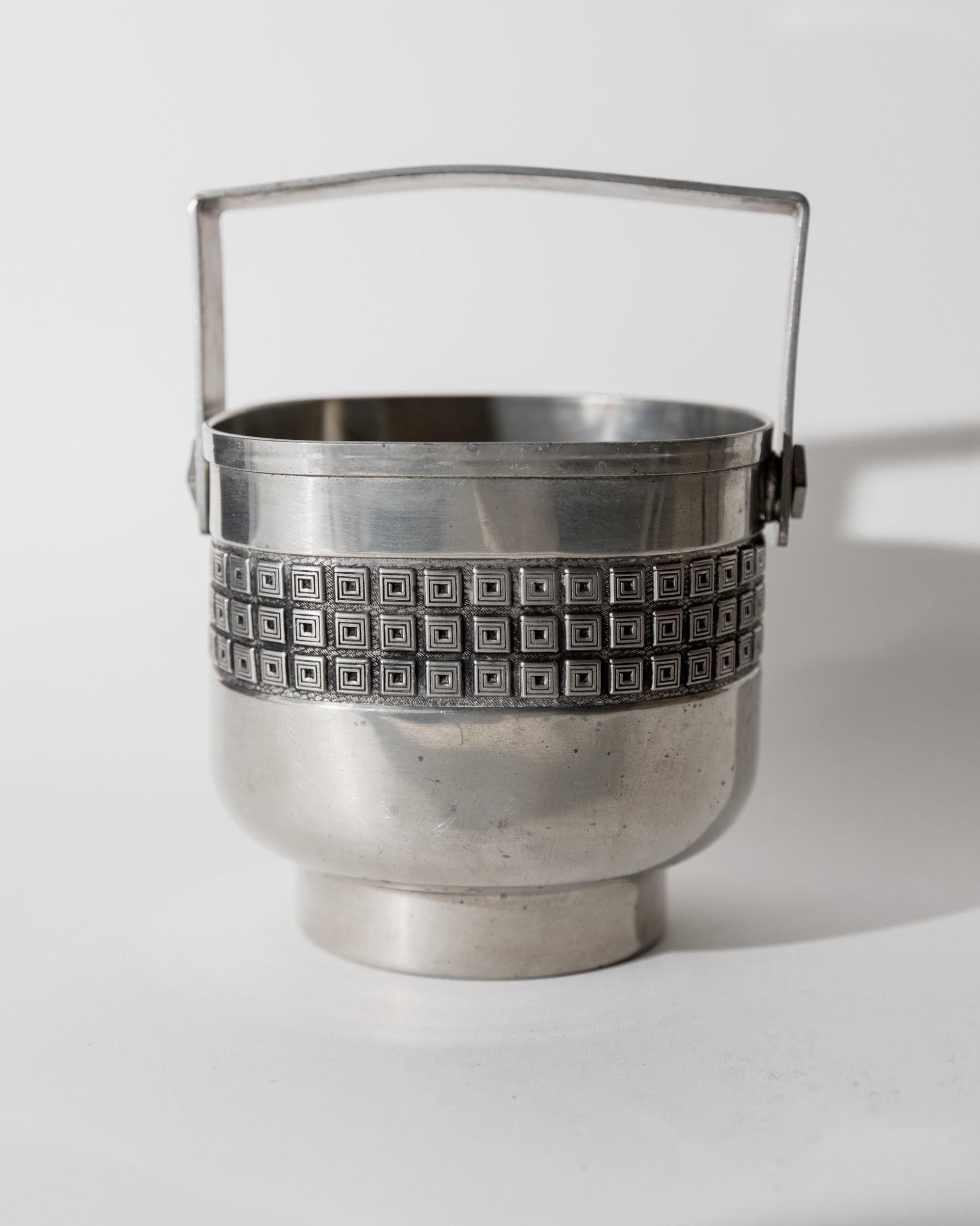 Vintage 1960s Pewter Cocktail Set, Shaker with Strainer Lid and Ice Bucket with Scoop, Art Deco Pattern Design, Elegant Barware, Gift Idea — side angle