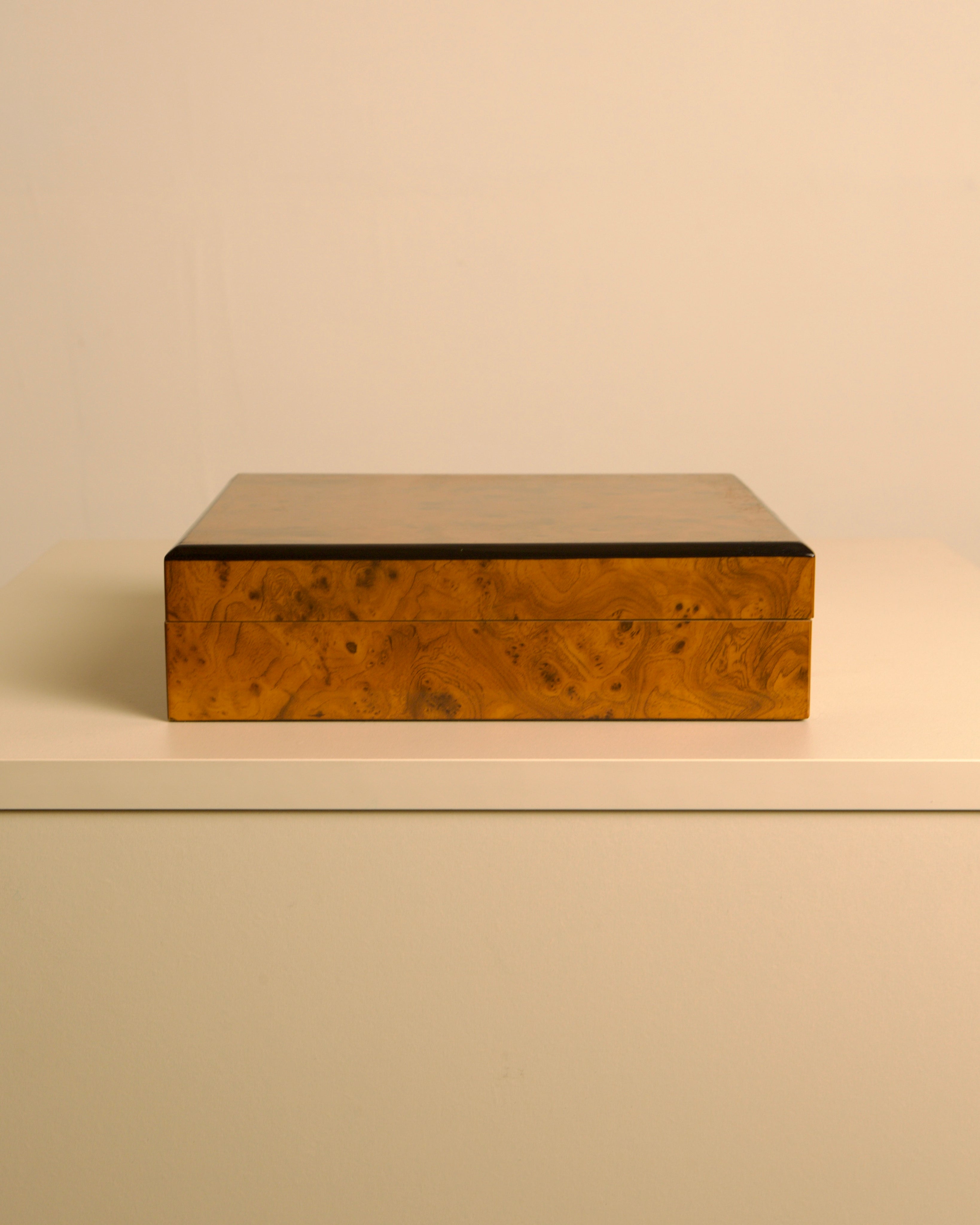 Large Italian Light Brown Elm Wood Box 60s — side angle showing smooth wood grain