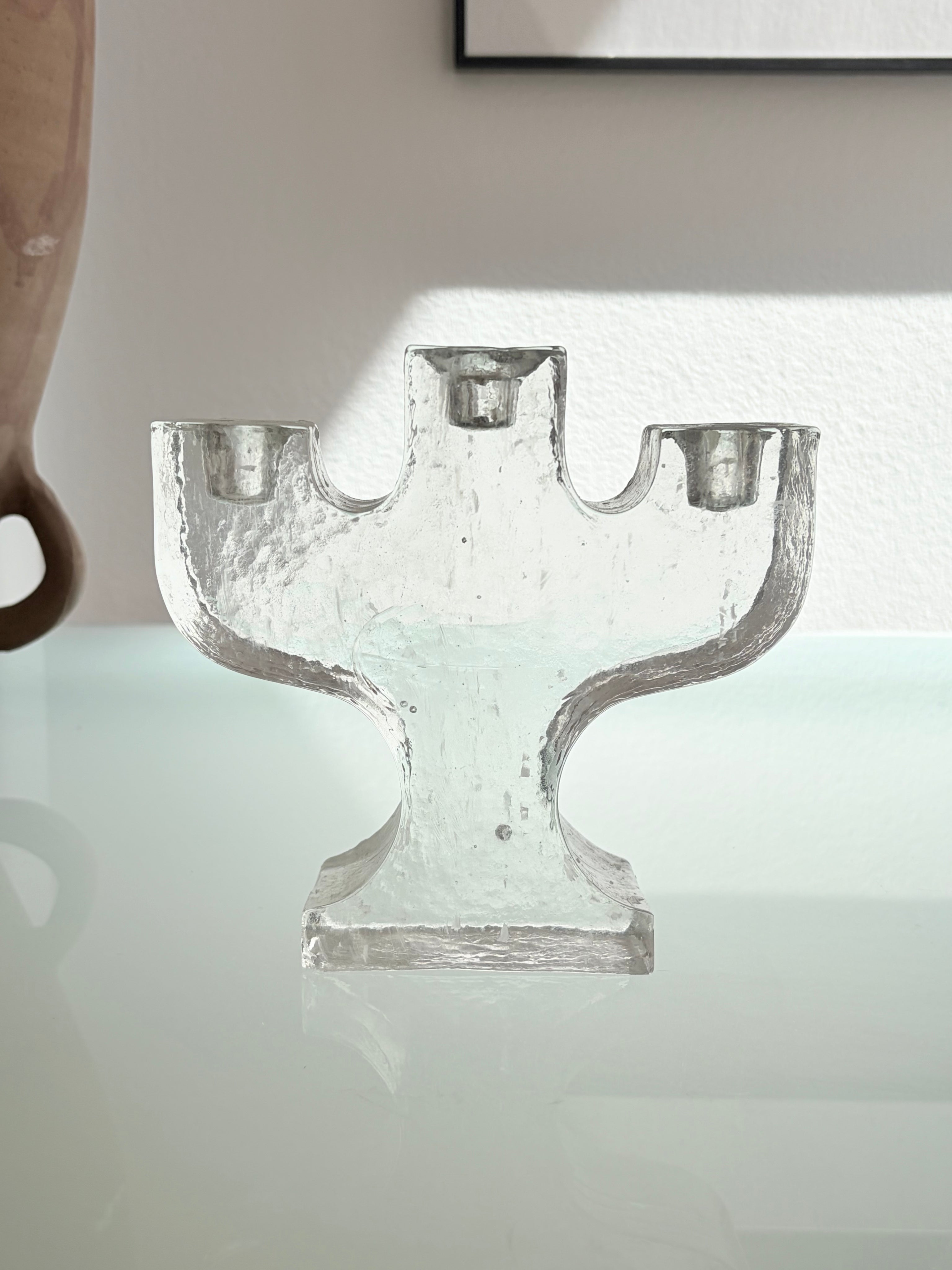 Brutalist Cast Glass Candelabra, Attributed to Pukeberg, Sweden, 1960s — detail view