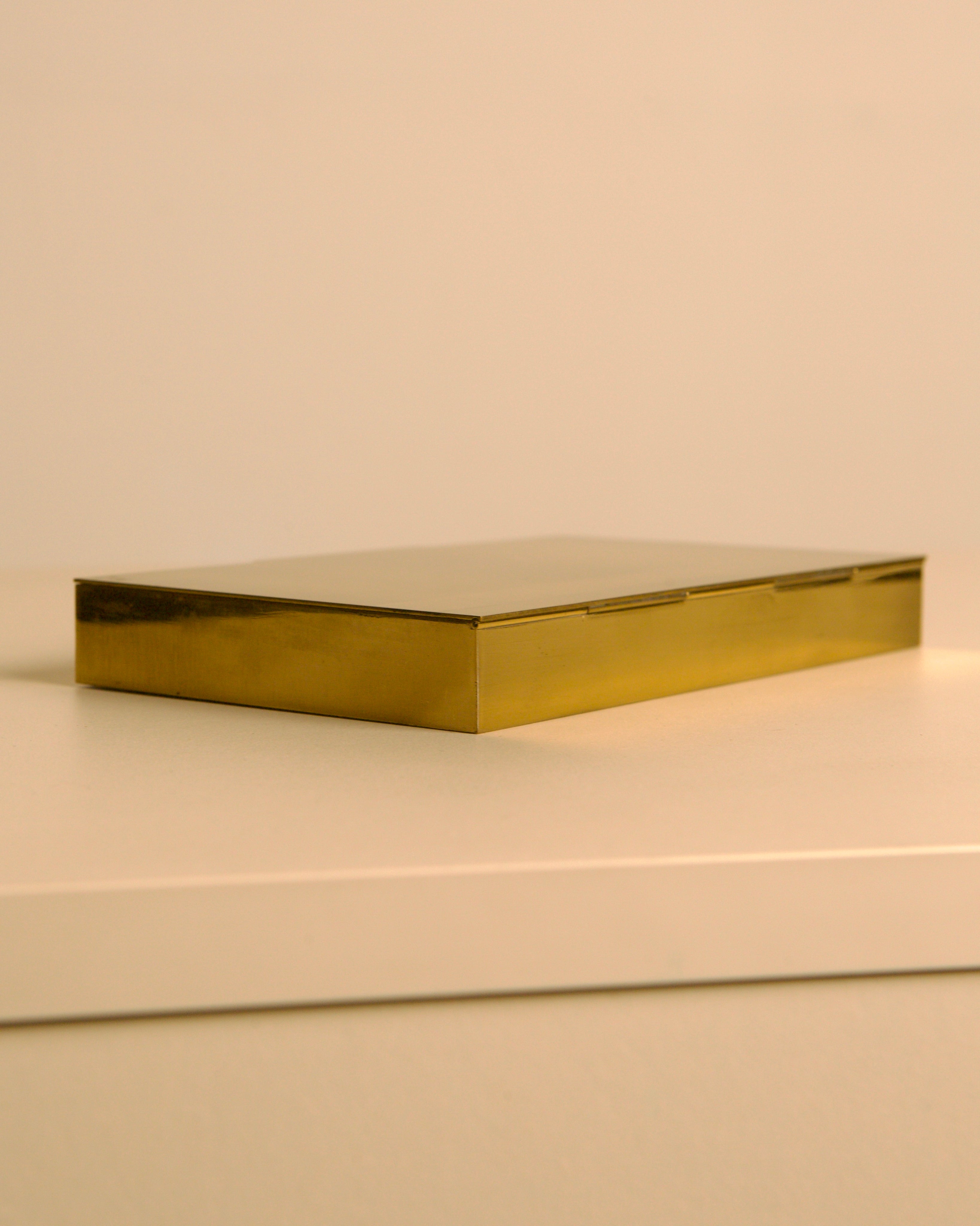 Italian 60s brass and wood rectangular box — back view on white surface