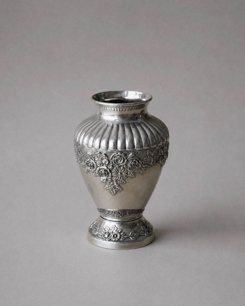 1930s Dutch Vintage Silver-Plated Floral Embossed Vase — close-up
