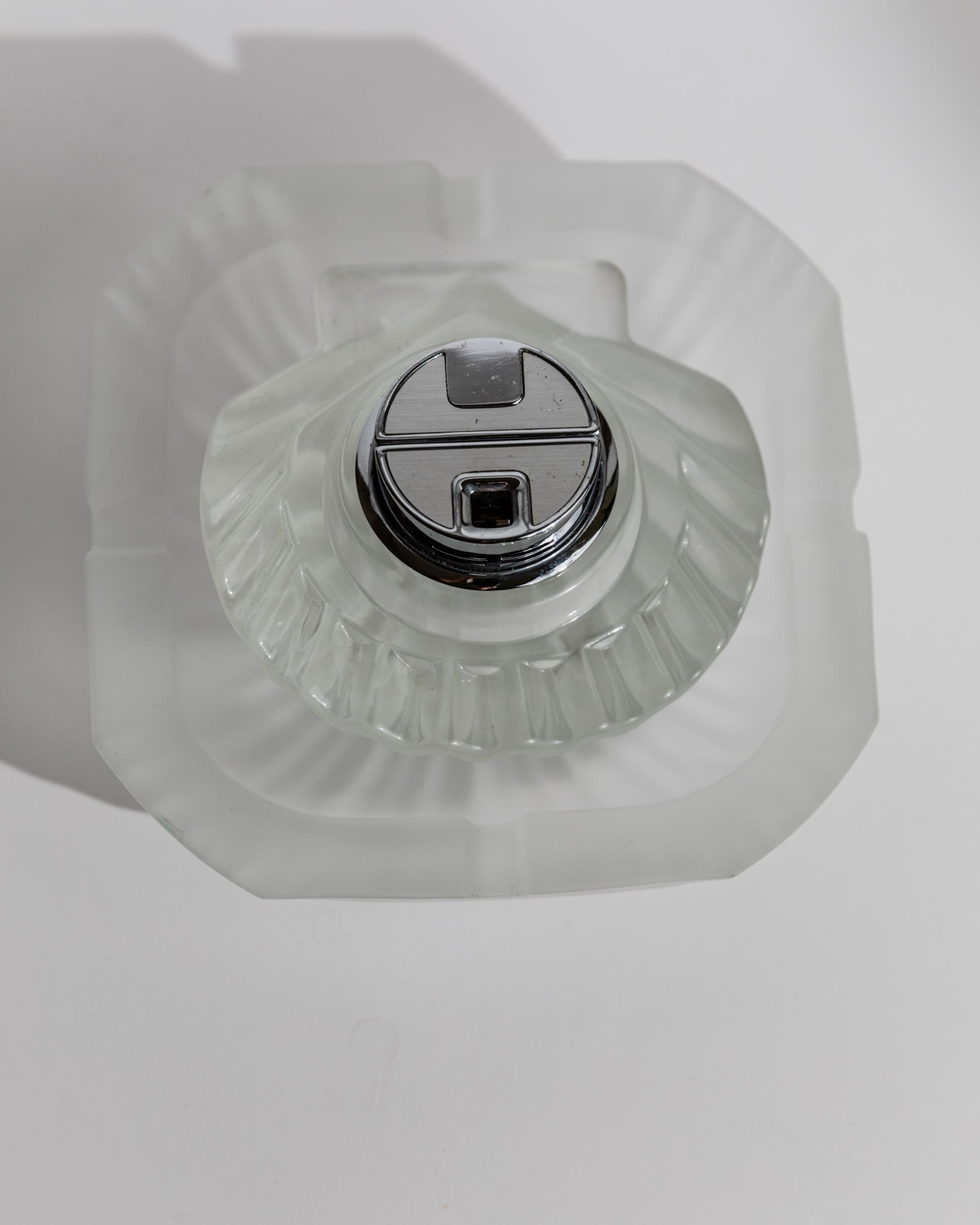 Vintage 1970s Smoking Set, Ashtray and Table Lighter, Frosted Textured Glass, Shell Shape — top view of frosted glass ashtray