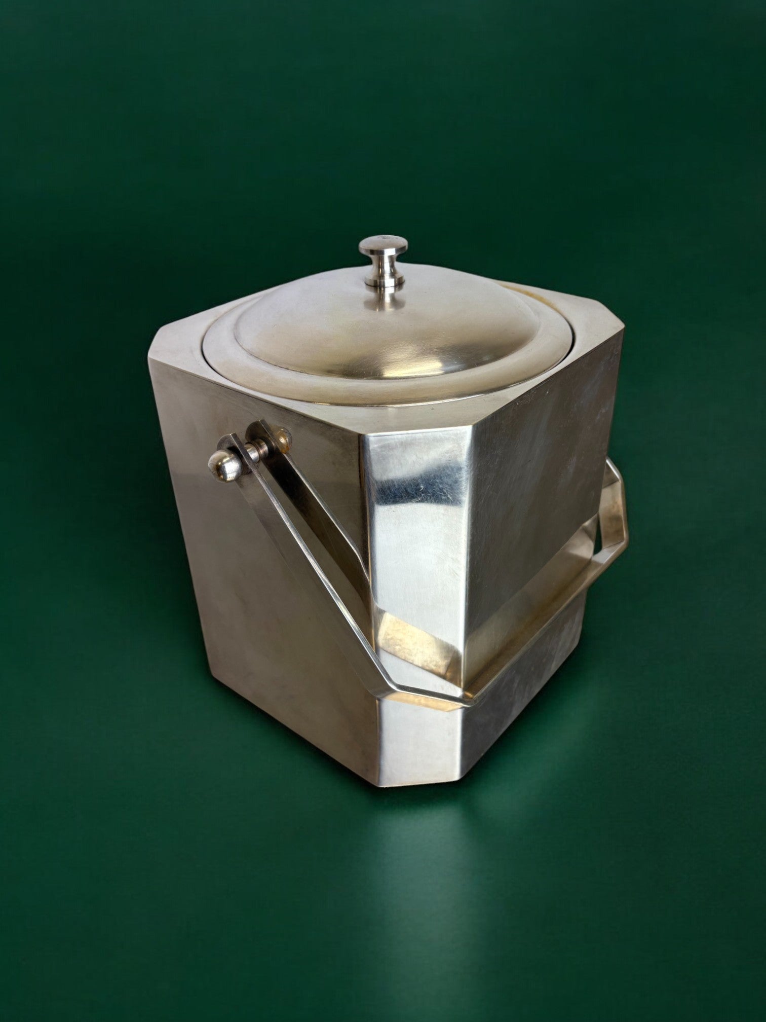 Romeo Rega Chromed Ice Bucket with tongs, Italy, 1970's — lifestyle setting