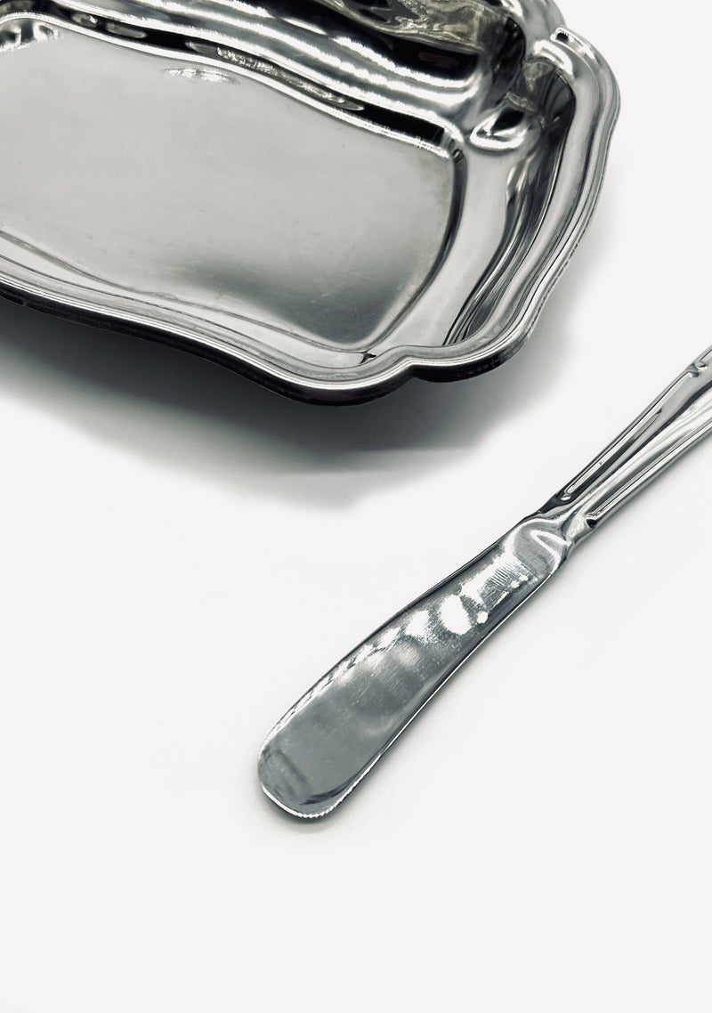 Close-up detail of vintage stainless steel butter dish handle