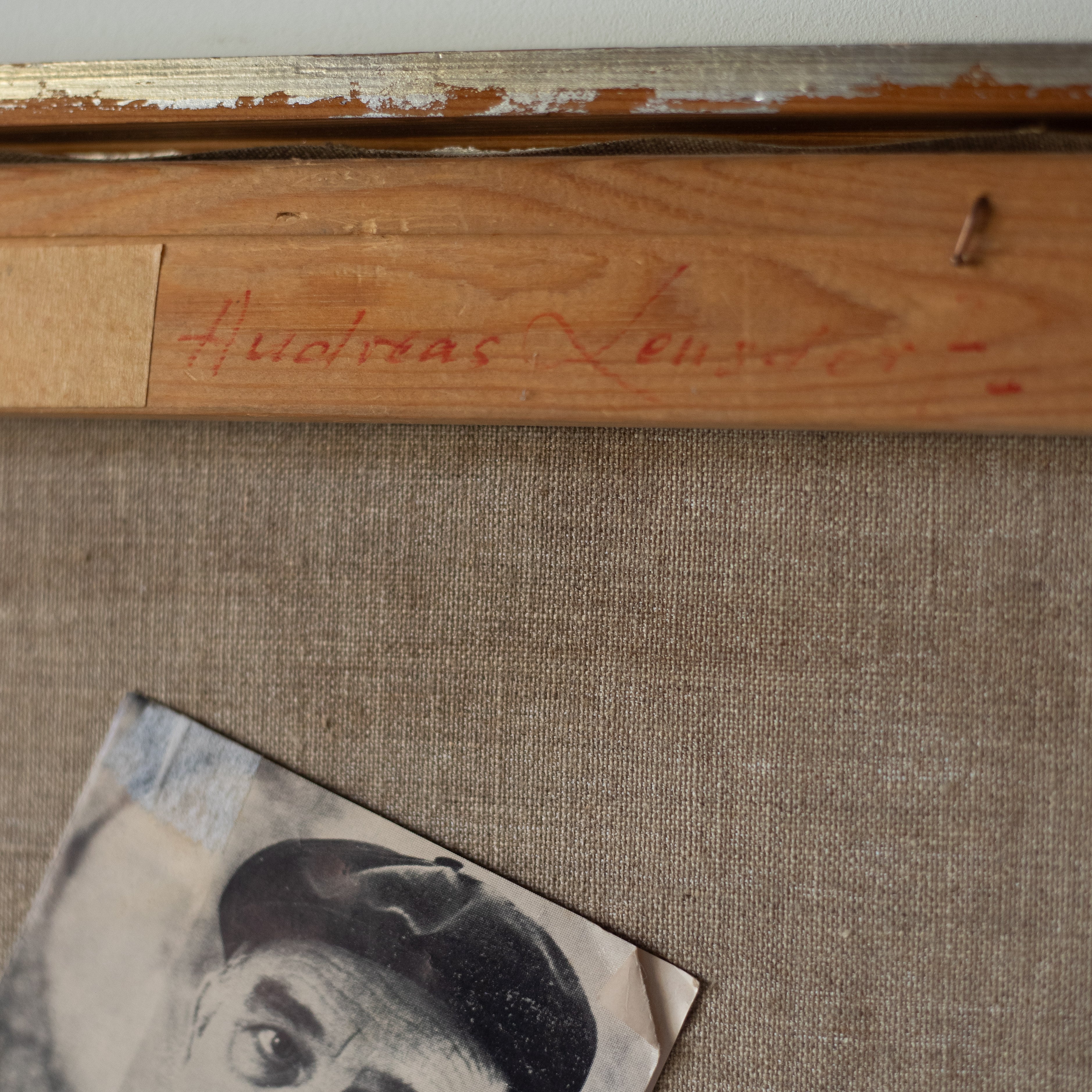 Mid-Century Swedish Abstract "Birds Nest" By Andreas Lensdorf — back view showing signature on wooden frame