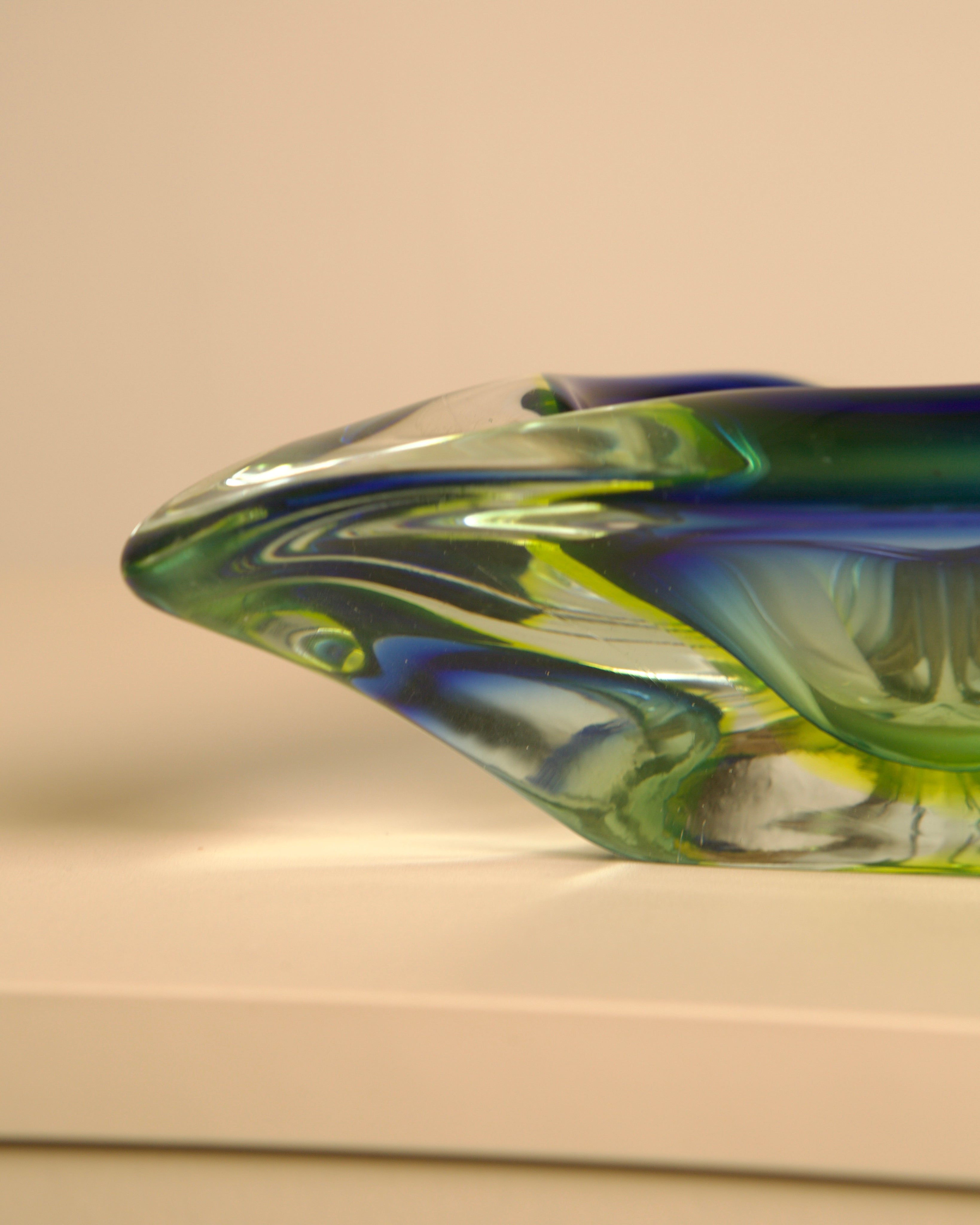 Large Blue Murano Glass Ashtray 70s — angled view on white surface