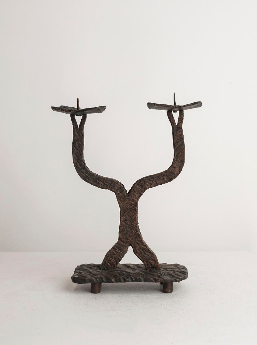 Heavy Cast Bronze Candelabra, Two-Light Pricket Holder, Brutalist Organic Metalwork (c. 1960s) — lifestyle setting