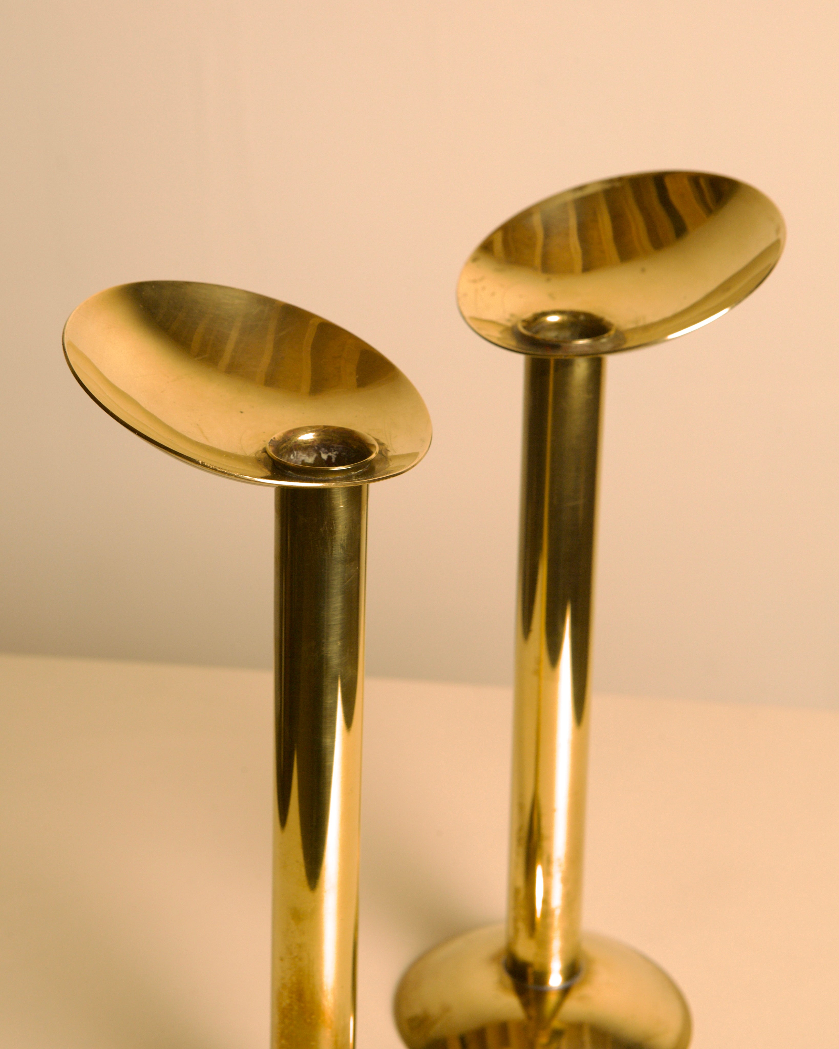 Pair of Large Danish Brass Candleholders 1960s — close-up of polished brass tops