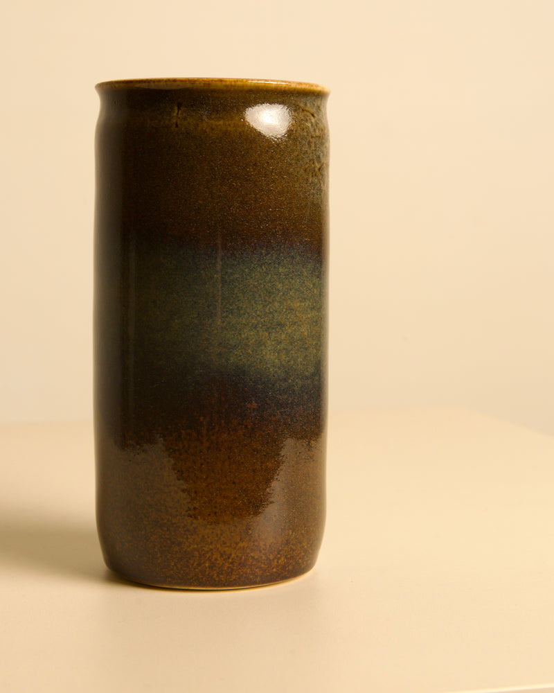 Cylindrical brown stoneware vase with gradient glaze by Rivillon