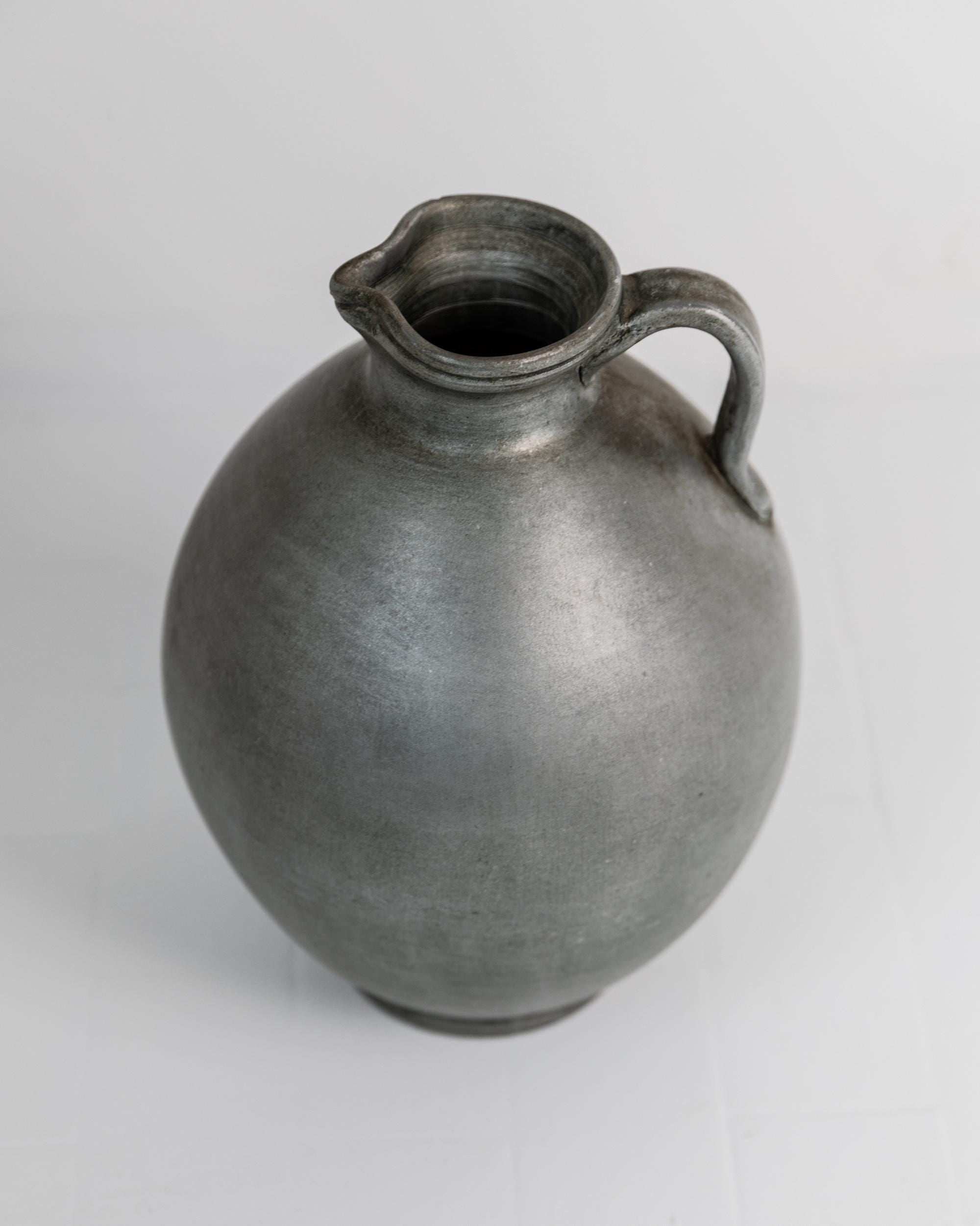 Vintage 1960s Studio Ceramic Vase with Handle, Large Rounded Form with Silver Glaze, Timeless Design, handmade Pottery, Elegant Gift Idea — lifestyle setting