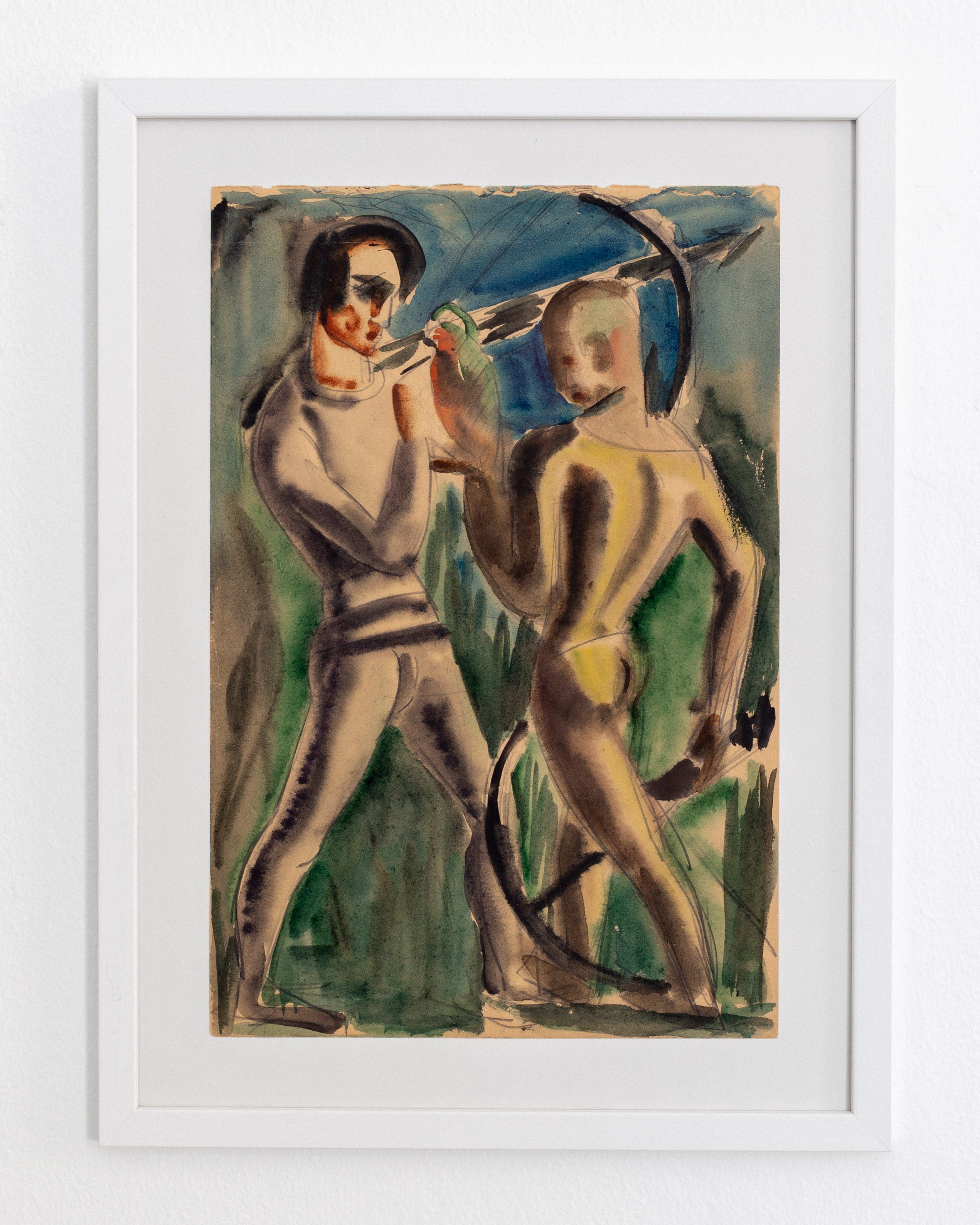 Pair of Watercolour Paintings, Attributed Brita Nordencreutz, Sweden, 1920s–40s — framed in white on wall
