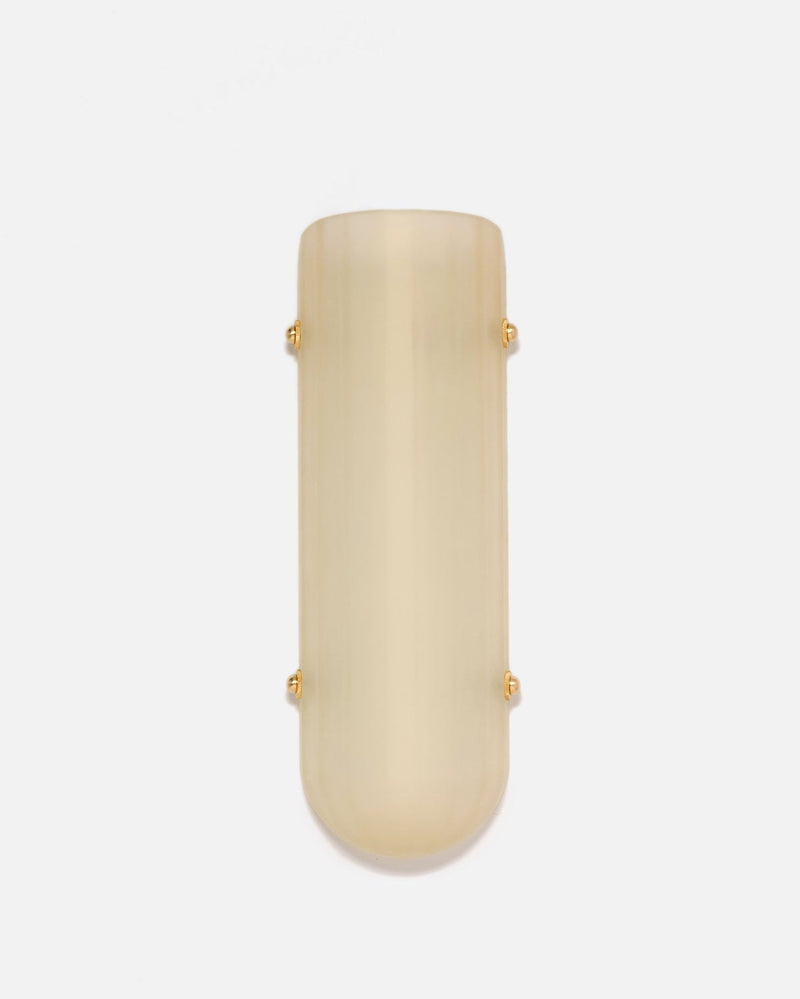 Selene Blown Colored Glass LED Wall Sconce with Etched Finish and Brass Metal Hardware — close-up of frosted glass with brass