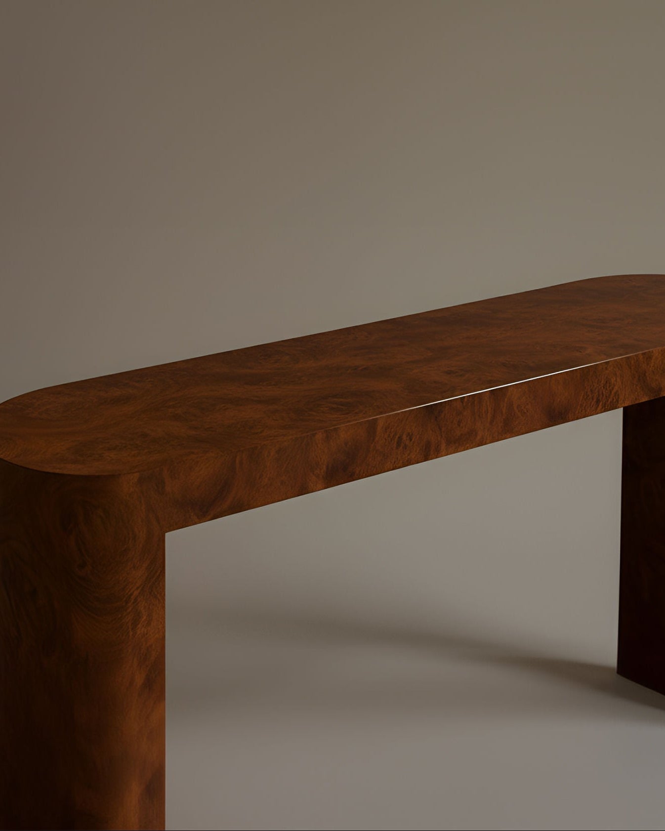 Luna Console Burl Wood — back view highlighting rich wood grain