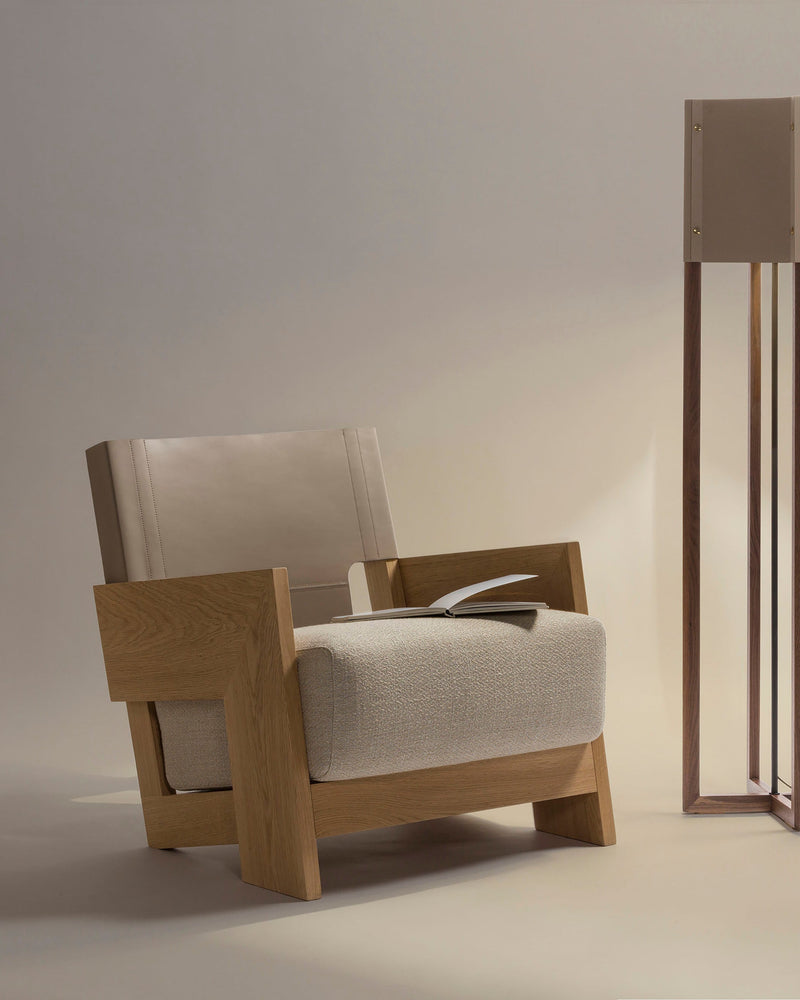 Modern oak Walden armchair with beige upholstery and geometric frame