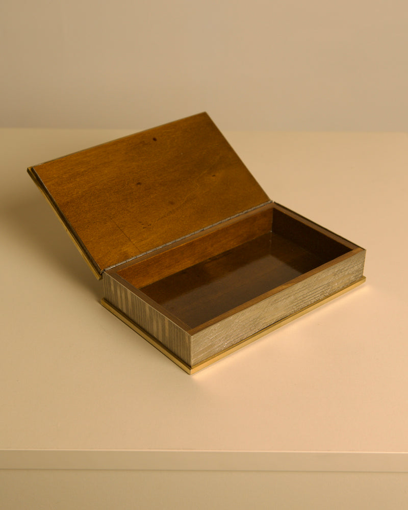 Italian Art Deco Box in Cut Metal and Brass, 1930s — open view showing interior wood finish