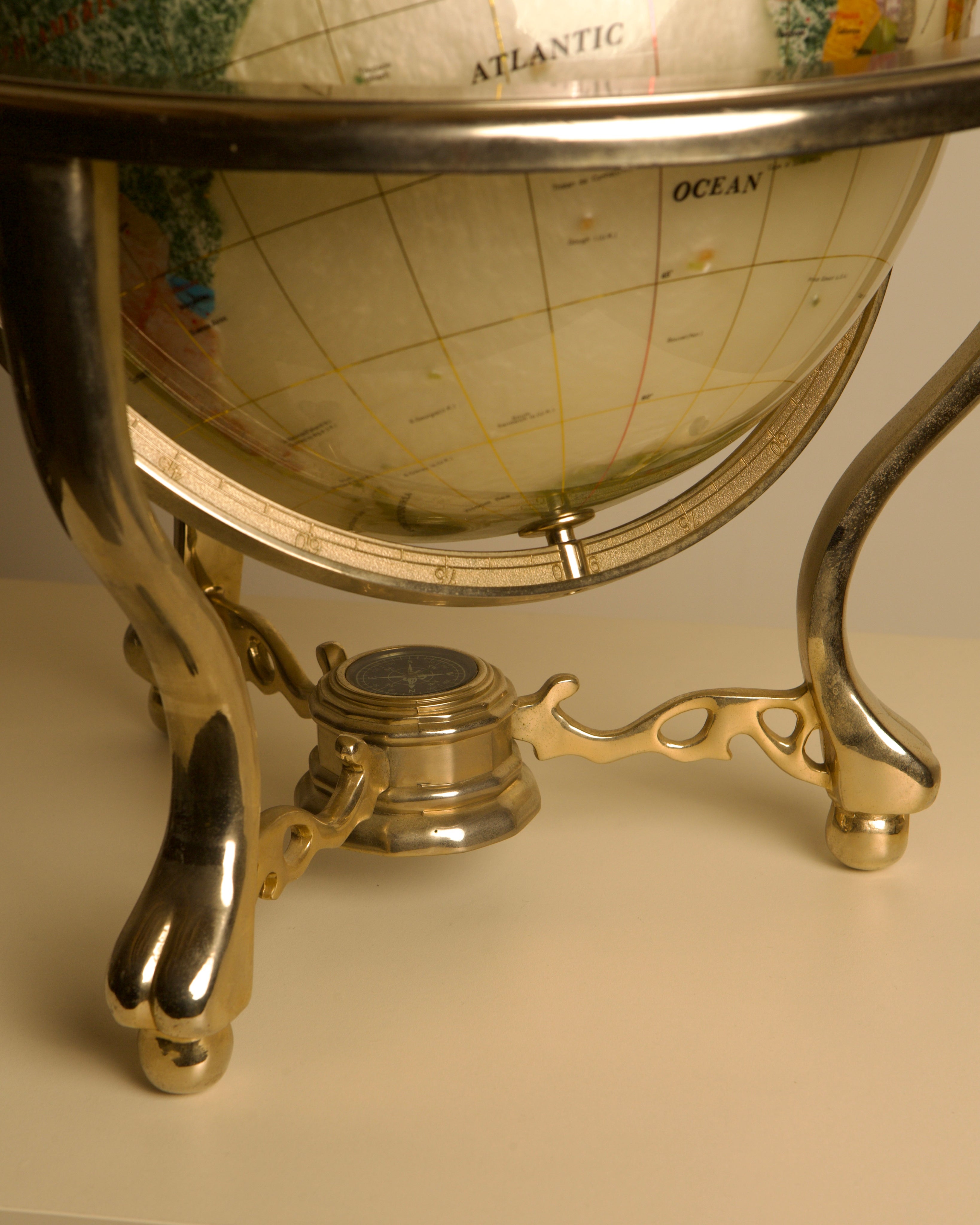 Large Globe Made of Hardstone and Mother-of-pearl, 1970s — top view showing brass stand and globe details