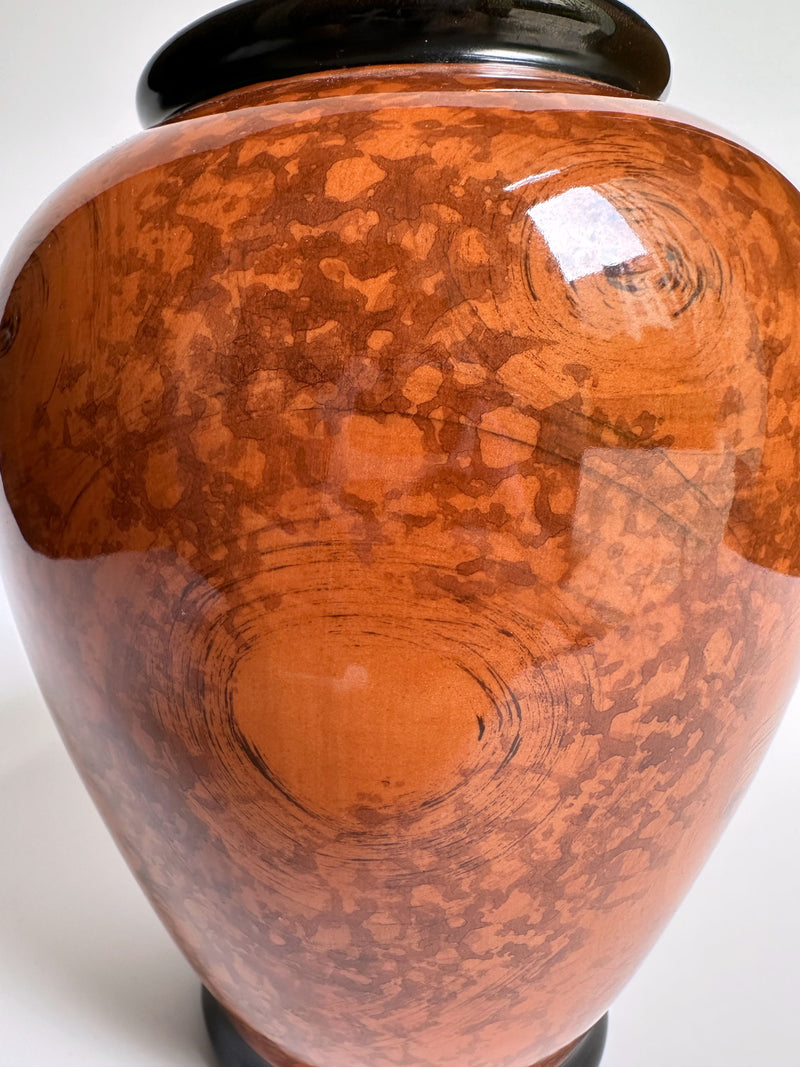 Art Deco Burl Wood Hand-Painted Vase — close-up of rich orange surface