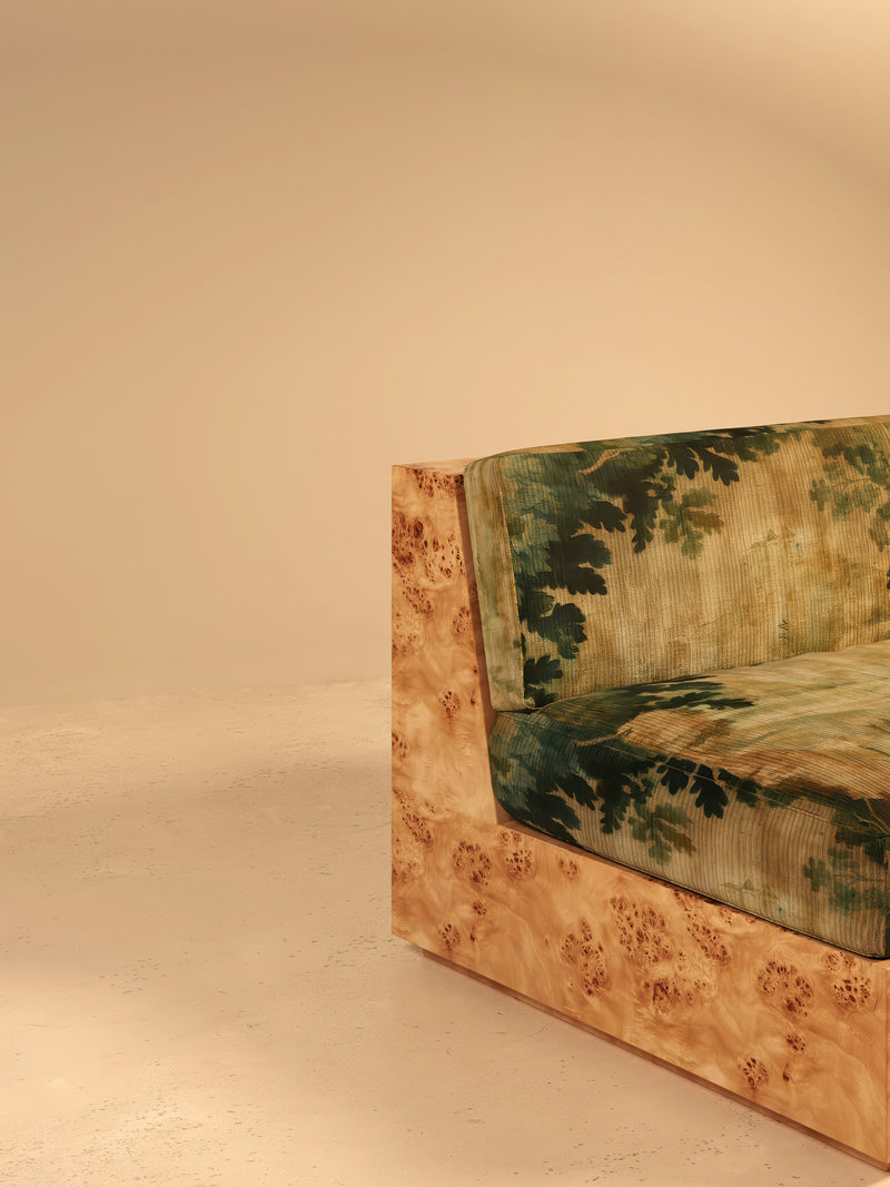 KAVA Collection II SOFA – Maple Burl Finish, Pierre Frey Upholstery — detail view