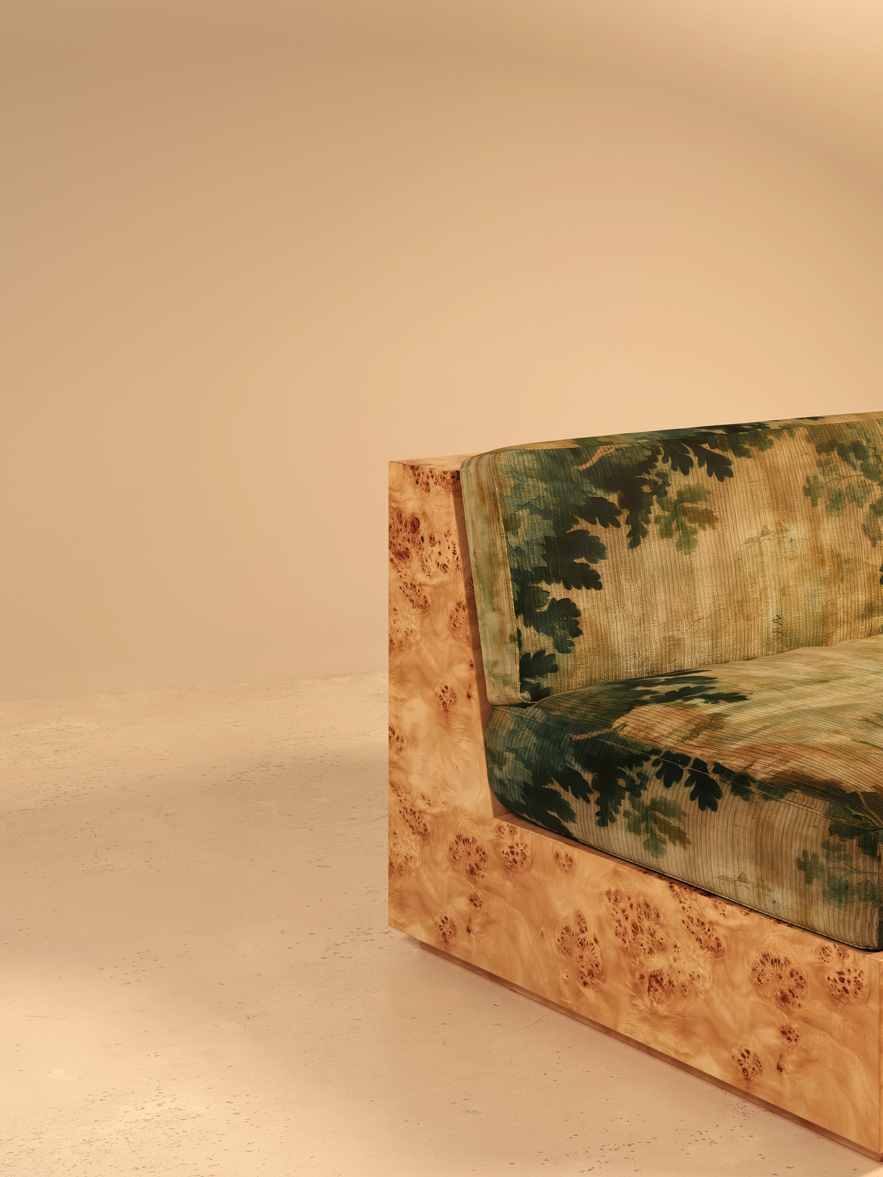 KAVA Collection II SOFA – Maple Burl Finish, Pierre Frey Upholstery — detail view