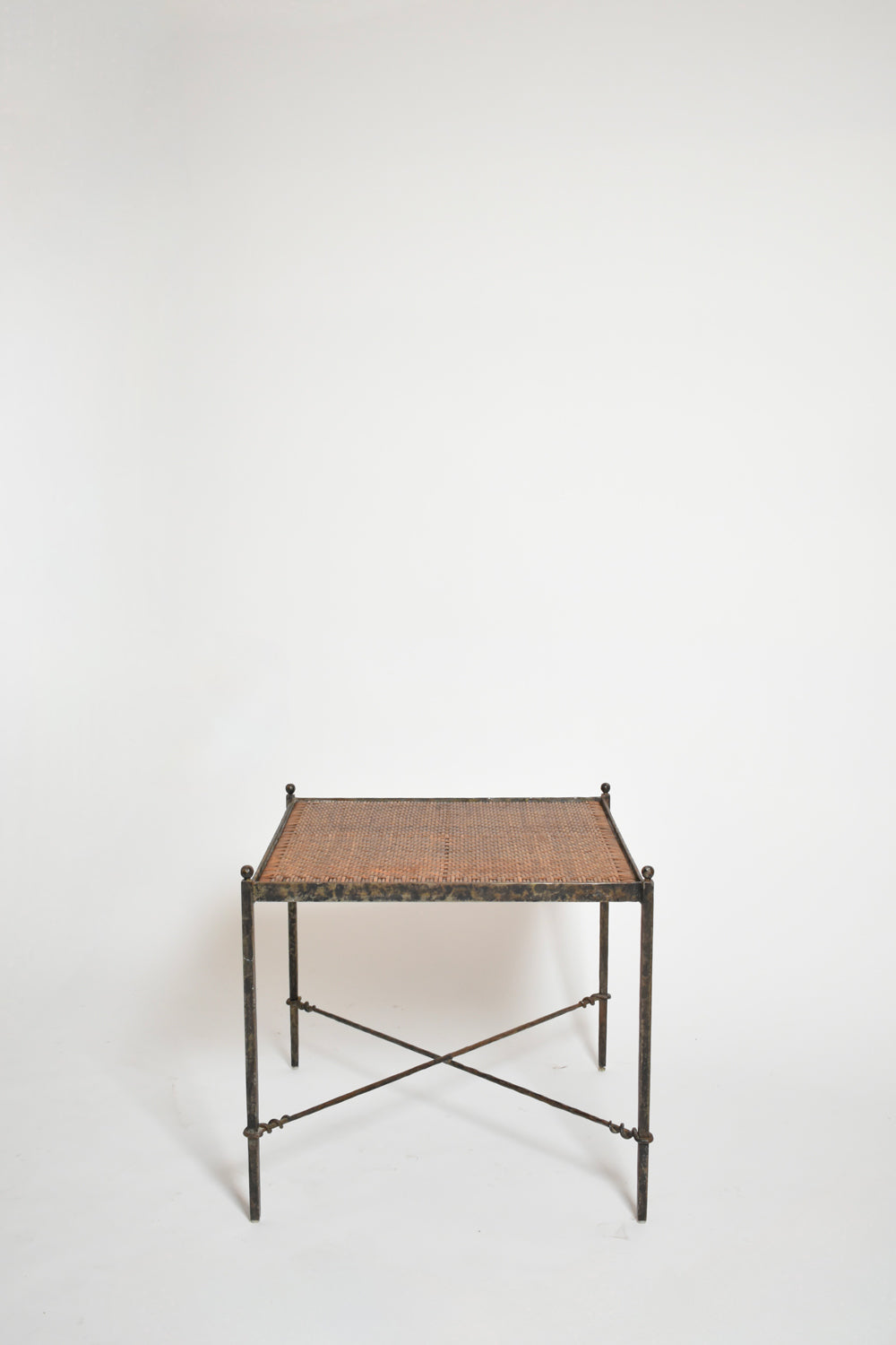 Pair of Wrought Iron and Wicker Side Tables, 1970s — side angle