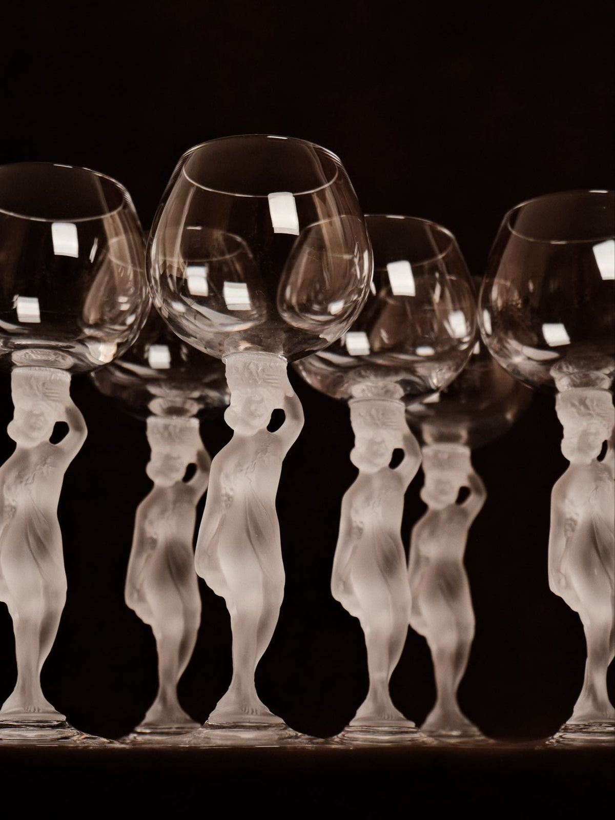 Set of 6 Crystal Port Wine Glasses with Frosted Female Stems by Cristallerie de Bayel — lifestyle setting