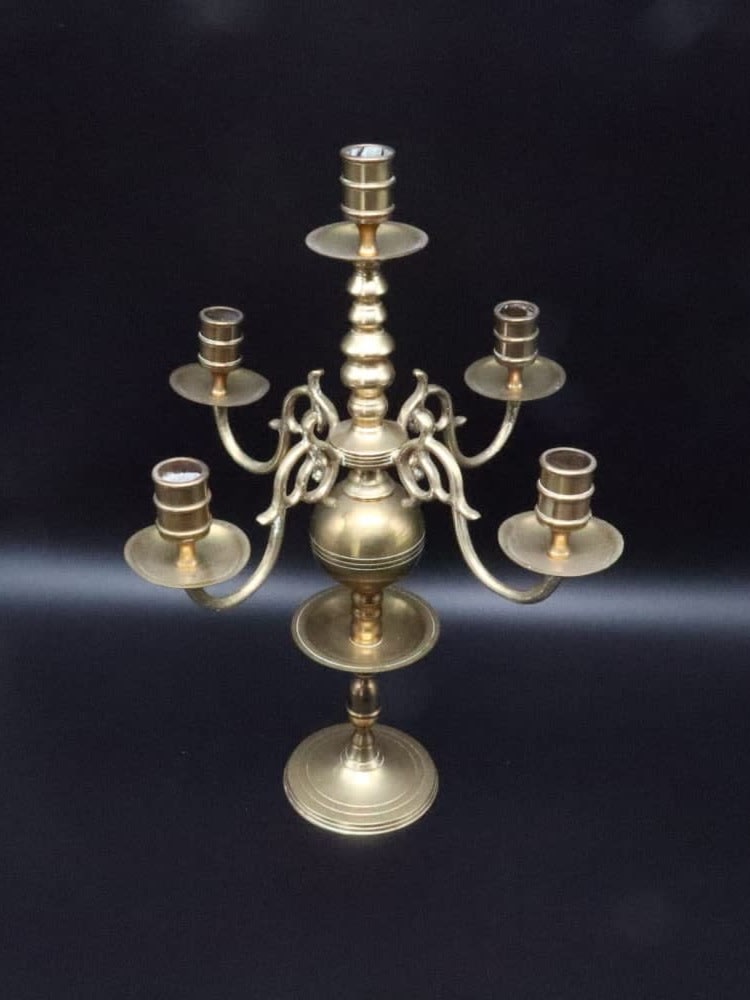 Antique Dutch 5-Light Brass Candelabra - Baluster Stem with Central Sphere, 1930s Holland by Forma Finds