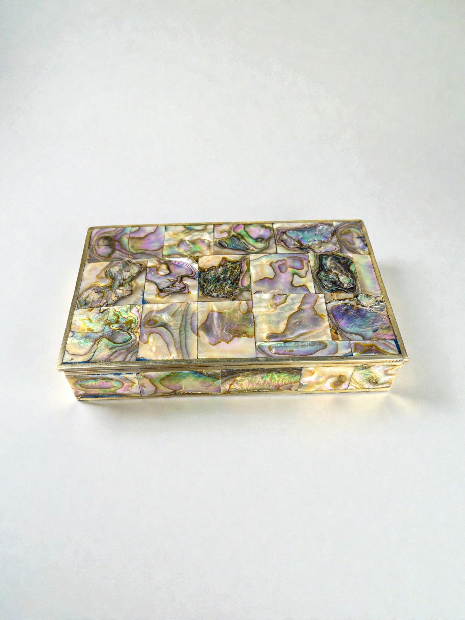Abalone Shell Vanity Box, Alpaca and wood, Mexico, C.1970 — top view highlighting iridescent shell inlay