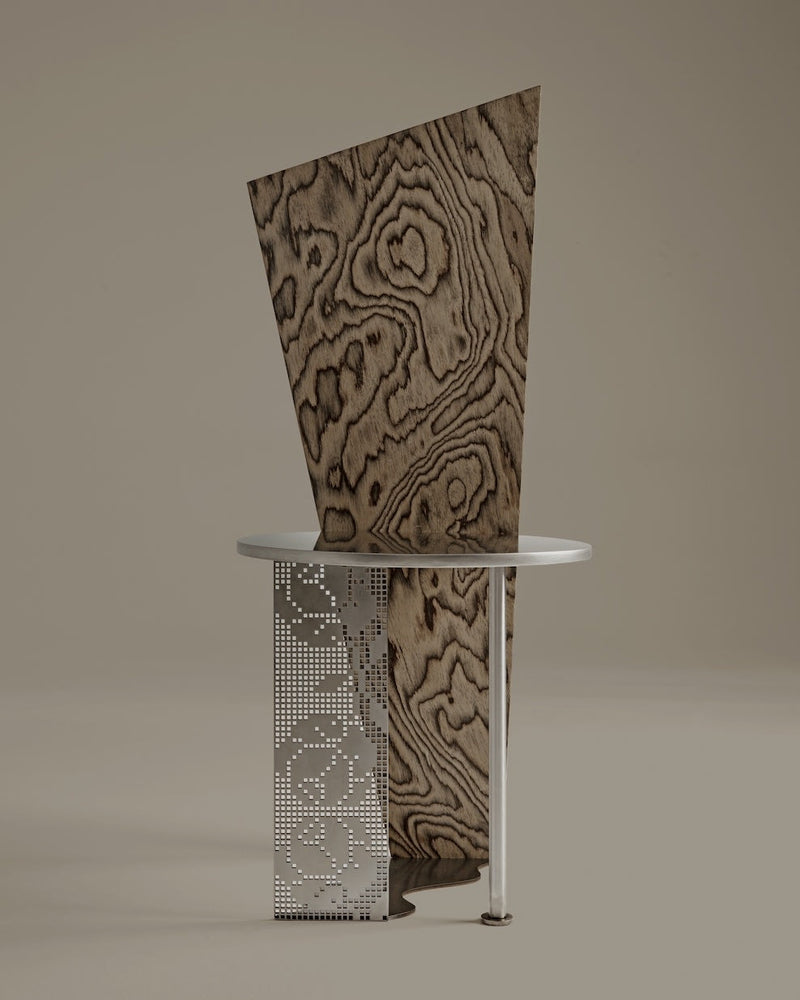 Runa chair with wood grain backrest and perforated metal base
