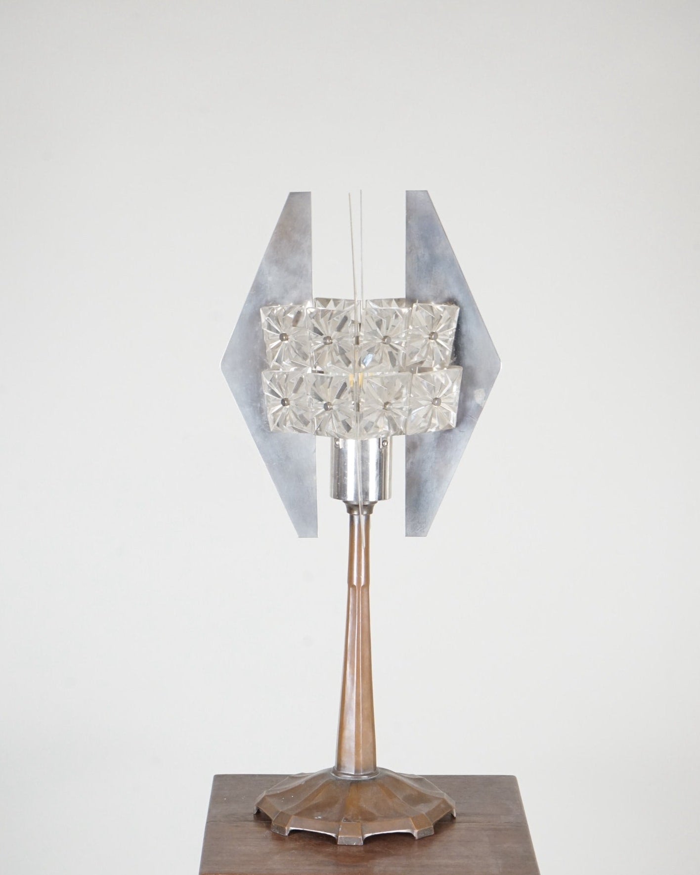 Copper Lamp c.1920 with Later Glass Shade — close-up of copper base and glass shade