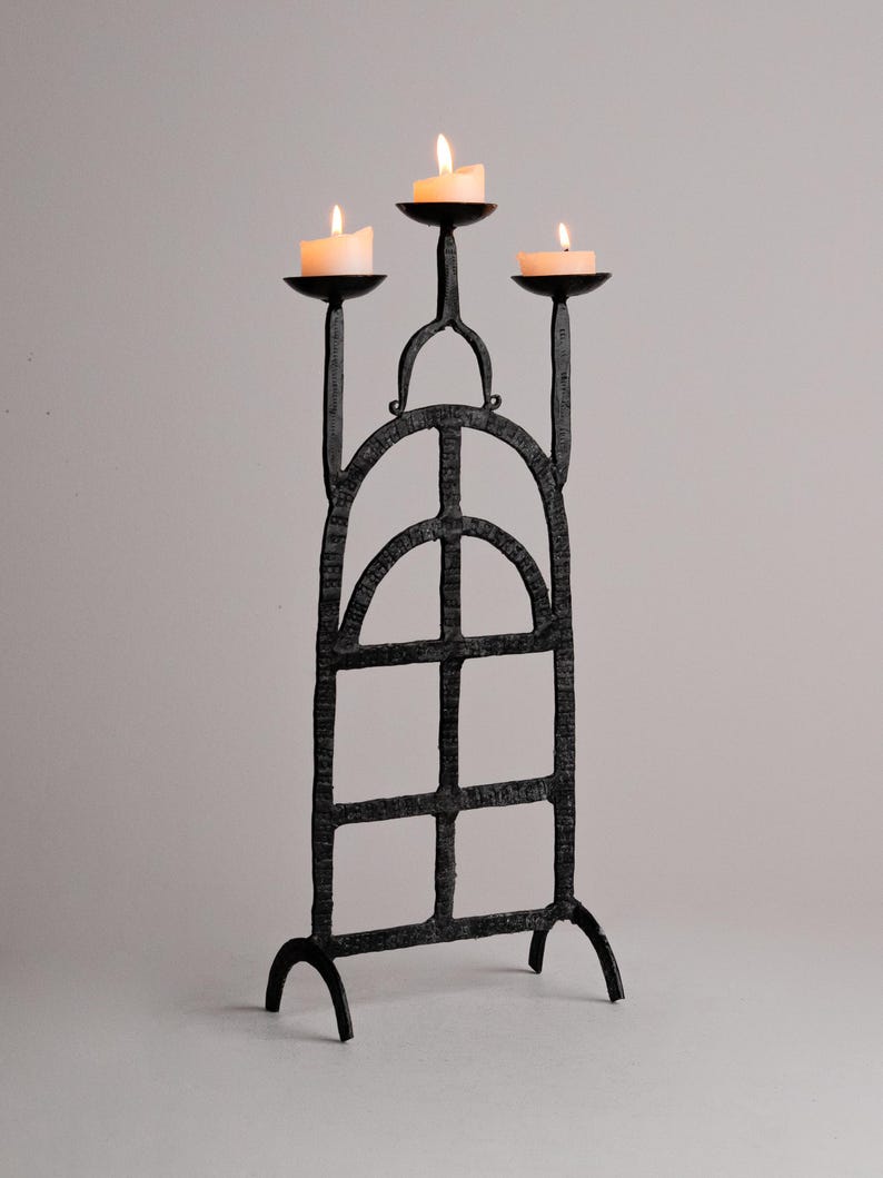 Vintage Brutalist Wrought Iron Candlestick Gothic Arch Grid Candle Holder — lifestyle setting