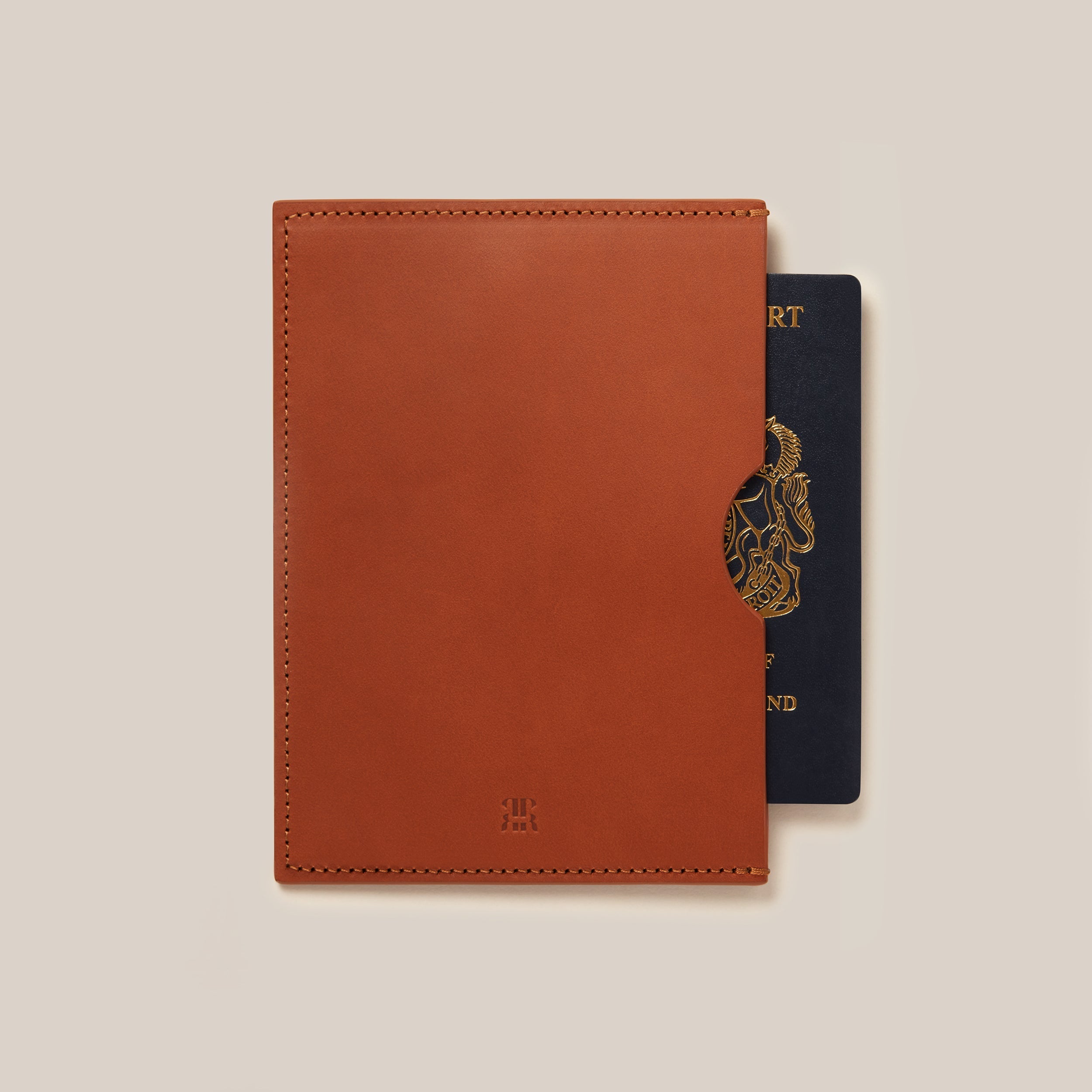 Leather Passport Holder — top view with brown leather and passport visible