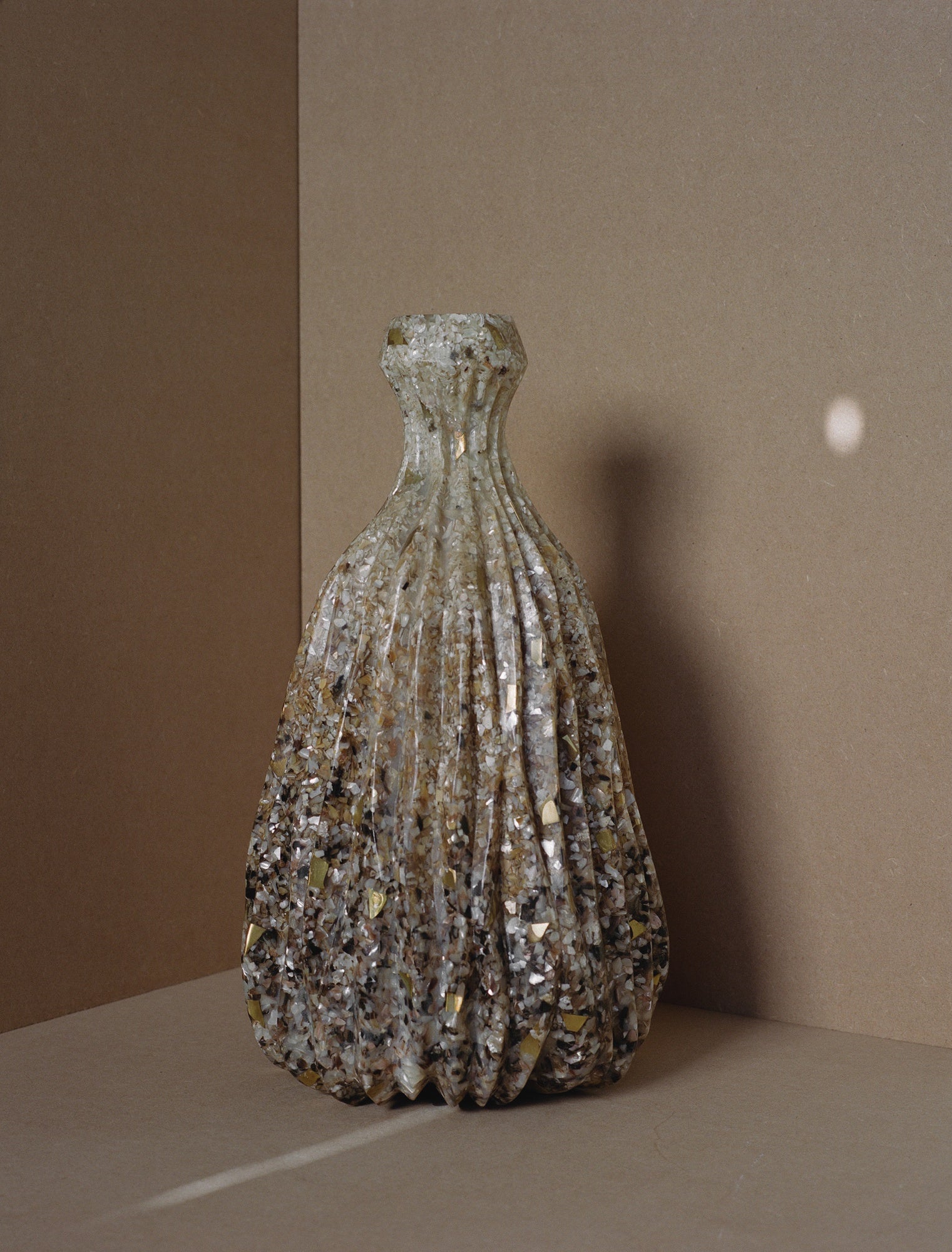Spectacular 1960S French Set Of Cast Resin, Shell and Metal Inclusion Artisanal Sculptures — angled view against neutral back