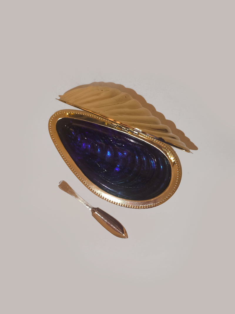 Shell Butter Dish — close-up of gold and purple shell design