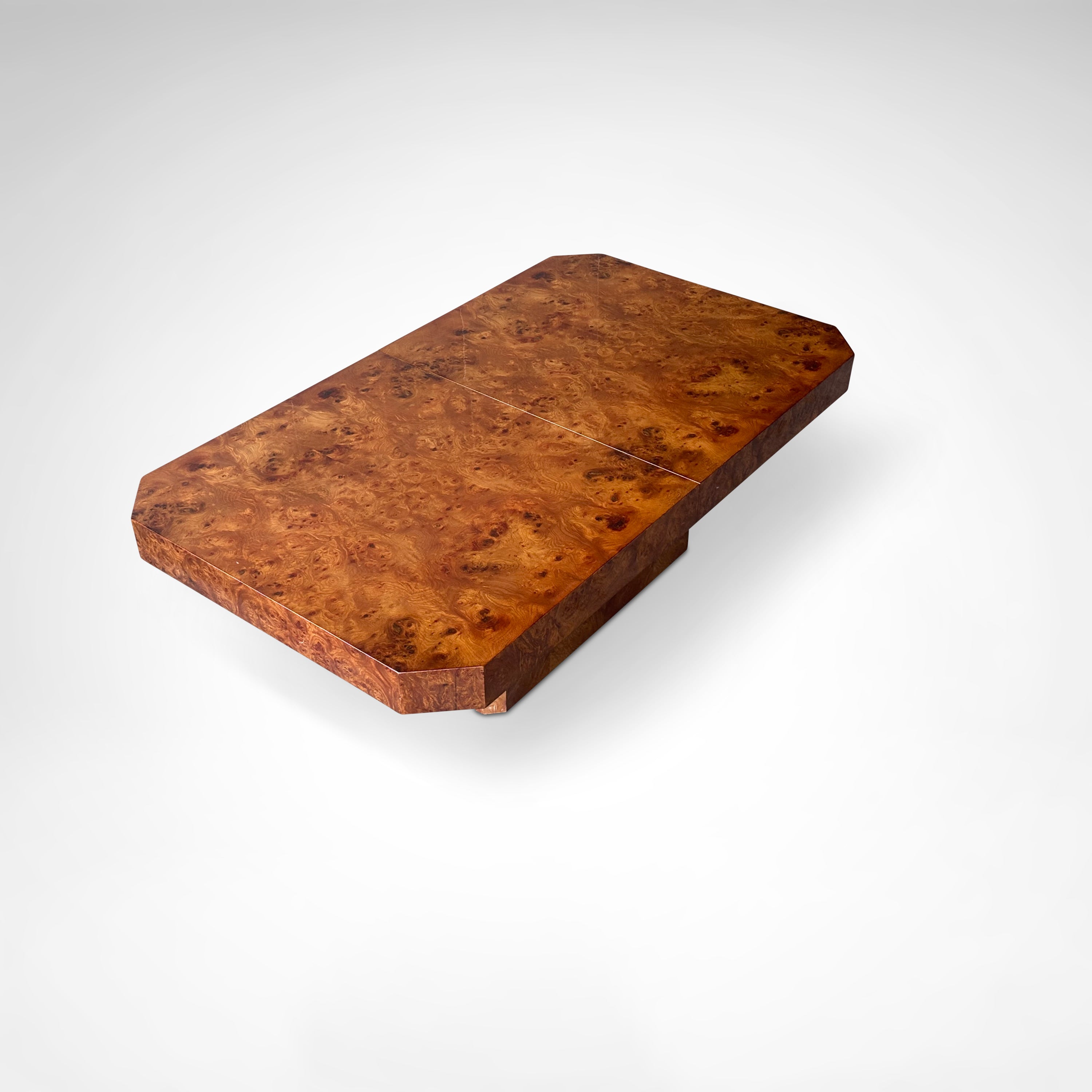 Burl wood coffee table with bar by Maison Lancel France 1980s — angled view highlighting rich wood grain
