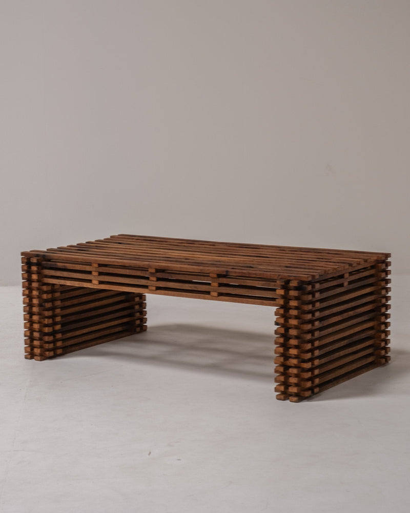 Vintage Wooden Slatted Coffee Table – Sculptural Design, 1970s Style by Paulette in 't Stad | The Oblist