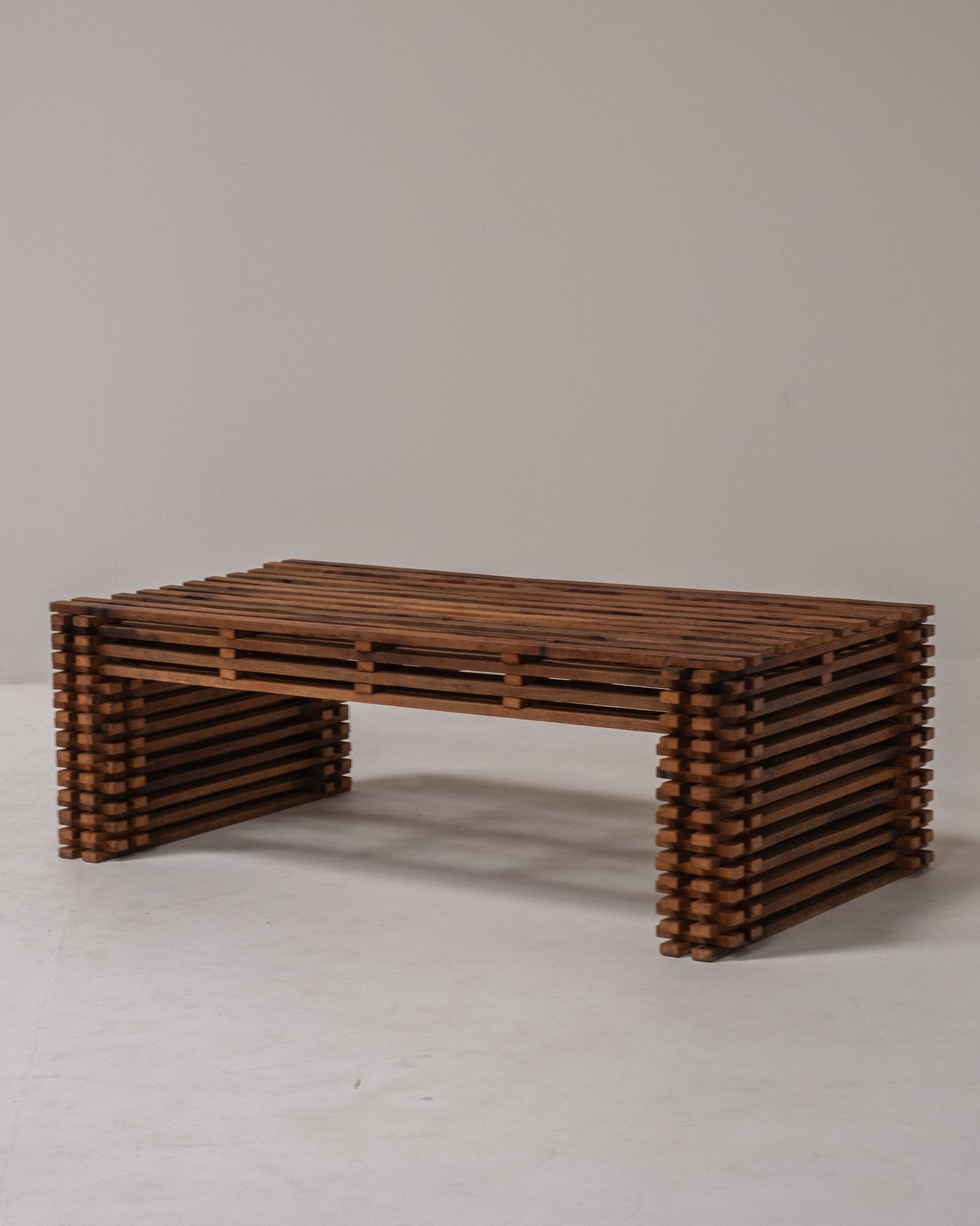 Vintage Wooden Slatted Coffee Table – Sculptural Design, 1970s Style by Paulette in 't Stad | The Oblist