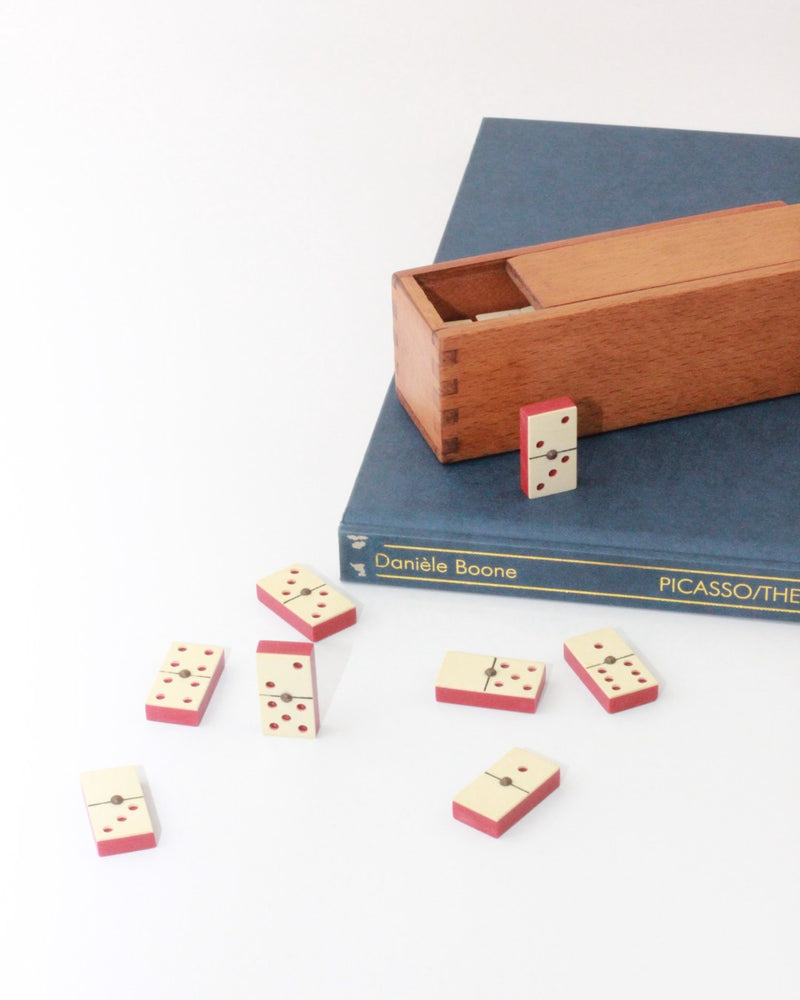 Mini Domino Set — close-up of handcrafted wooden box with dominoes