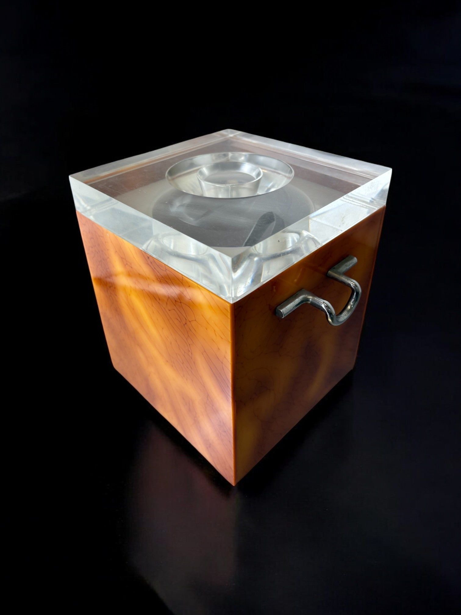 Faux Tortoise Shell Ice Bucket with tongs, Italy, 1970s — angled view on black background