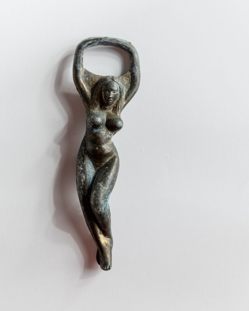 Vintage 1940s Brass Bottle Opener, Nude Woman Shape by Bottega Jacobs | The Oblist — antique metal finish