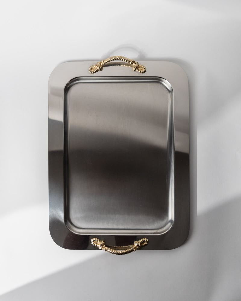 Vintage 1980s Stainless Steel Tray, Gold Rope Handles by Inoxpran Italy, Retro Serveware — top view showing polished stainles
