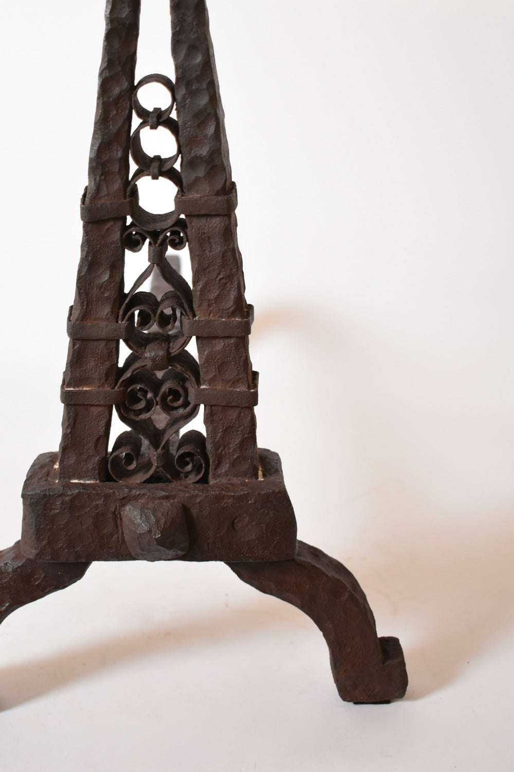 Pair of Directoire Period Andirons, XIXth c. — angled view highlighting wrought iron details