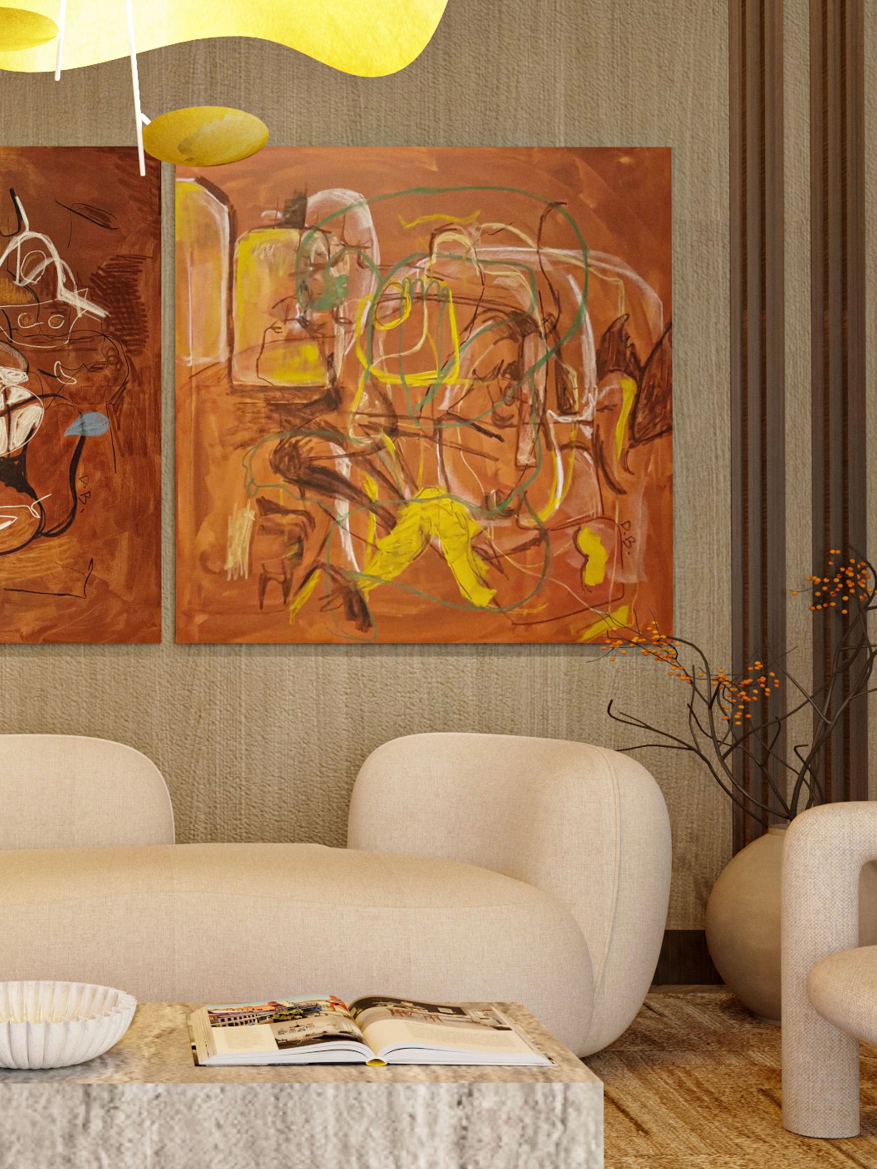Curious mind" Acrylic, oil pastel, dry pastel, charcoal — detail of abstract shapes in warm tones