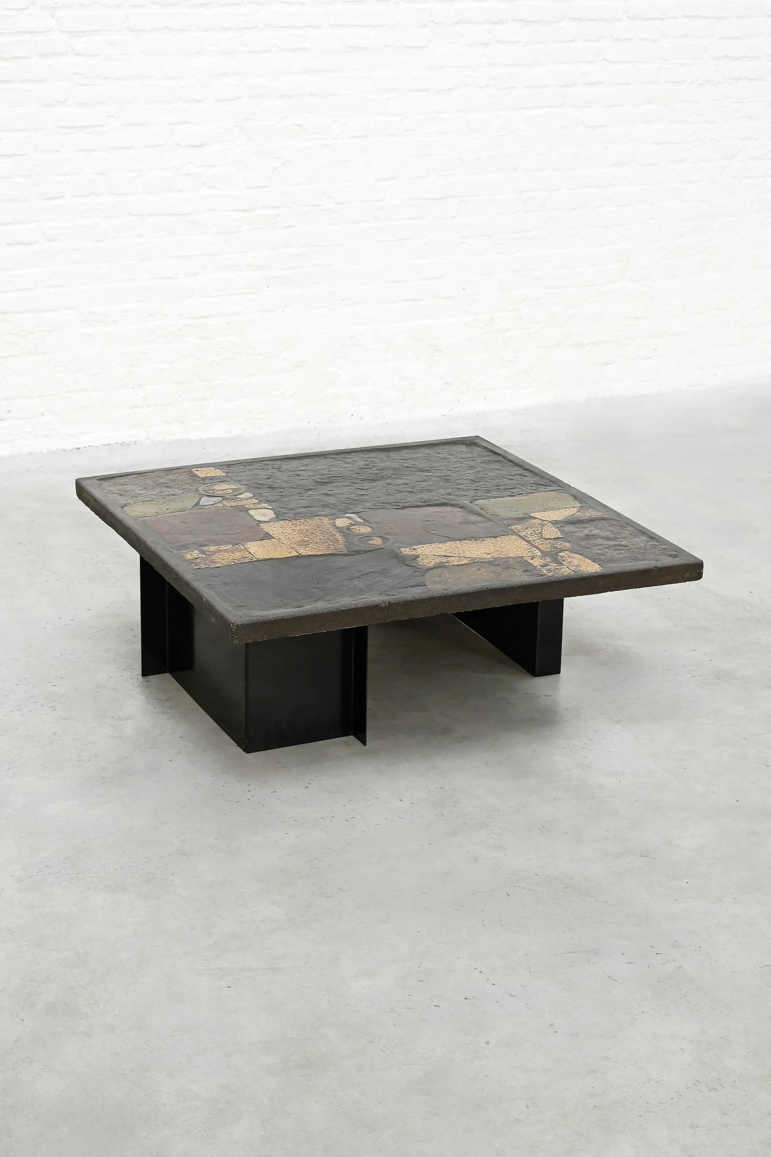 Paul Kingma Slate, Stone, and Brass Inlaid Coffee Table, 1970's — detail view