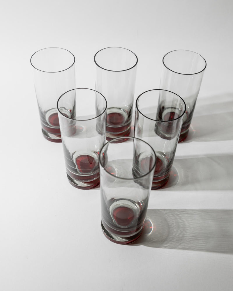 Vintage 1970s Drinking Glasses Set of 6, Grey Glass with Red Stem, Champagne Flutes, Wine or Water Glasses, Table Decor, Elegant Gift Idea — side angle