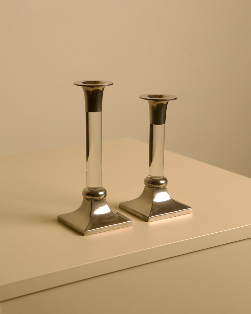 Pair of Italian Candleholders from the 1960s by Treaptyque | The Oblist — polished metal and glass